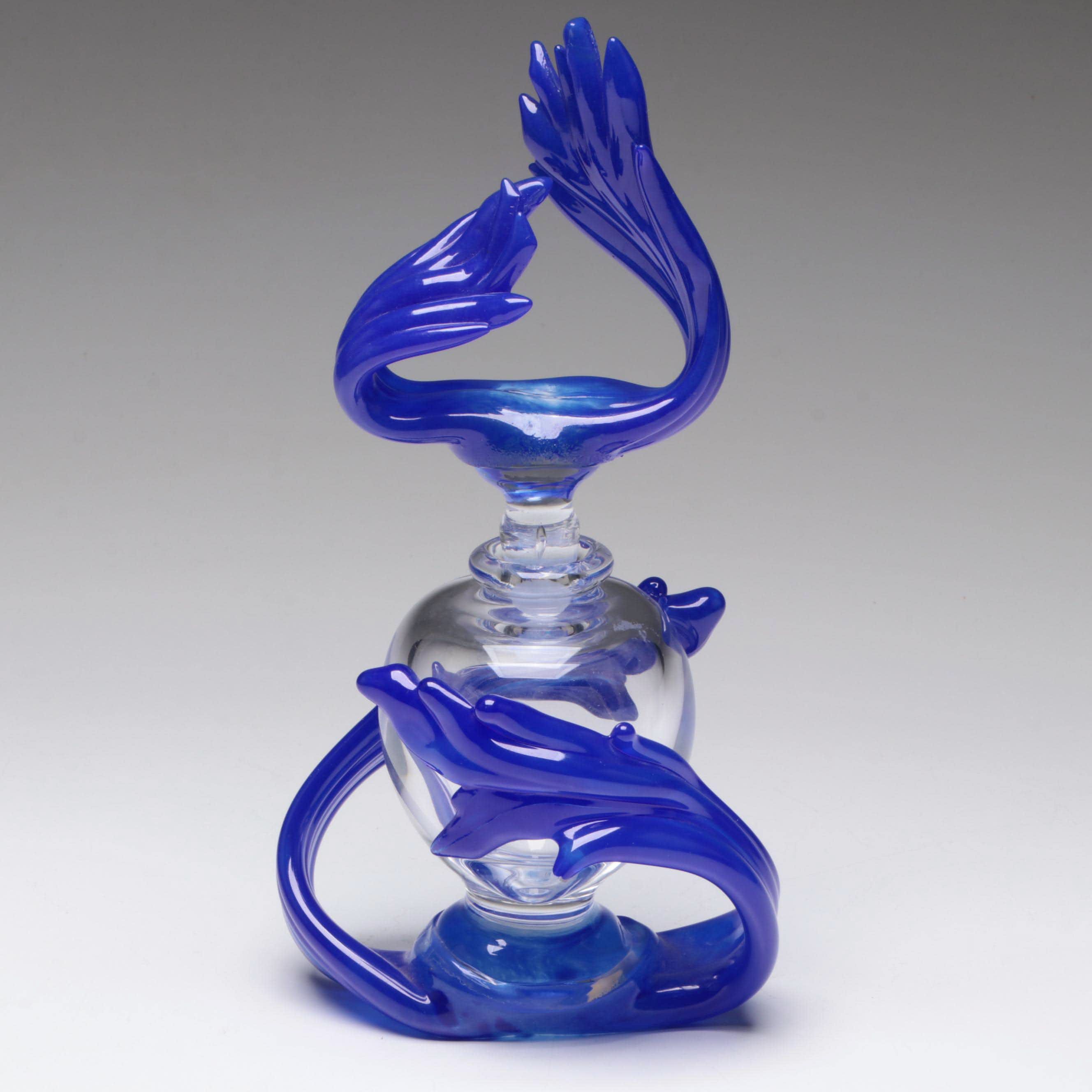 Handblown Cobalt Blue and Clear Glass Decanter, Late 20th Century