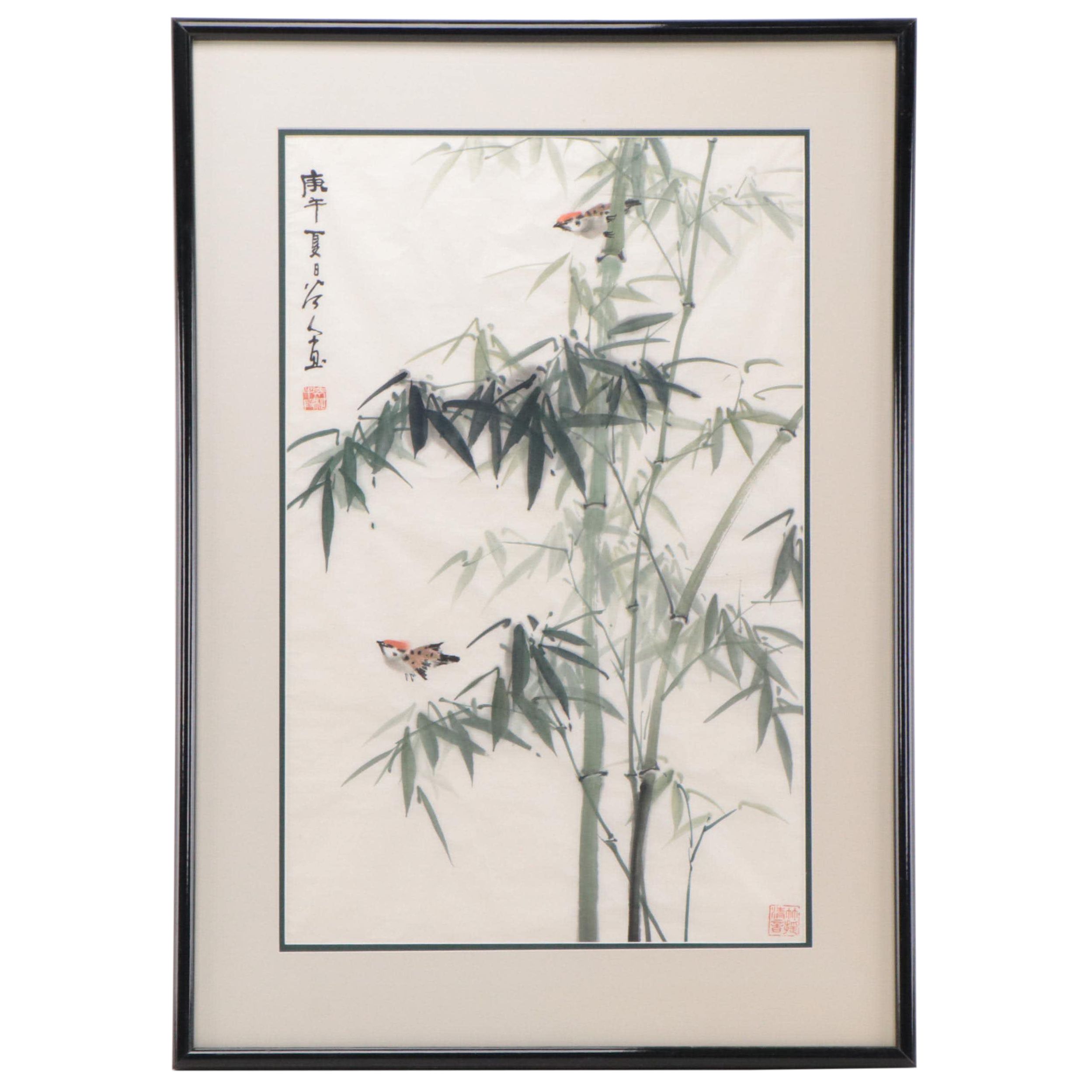 East Asian Ink and Watercolor Painting of Bamboo and Birds