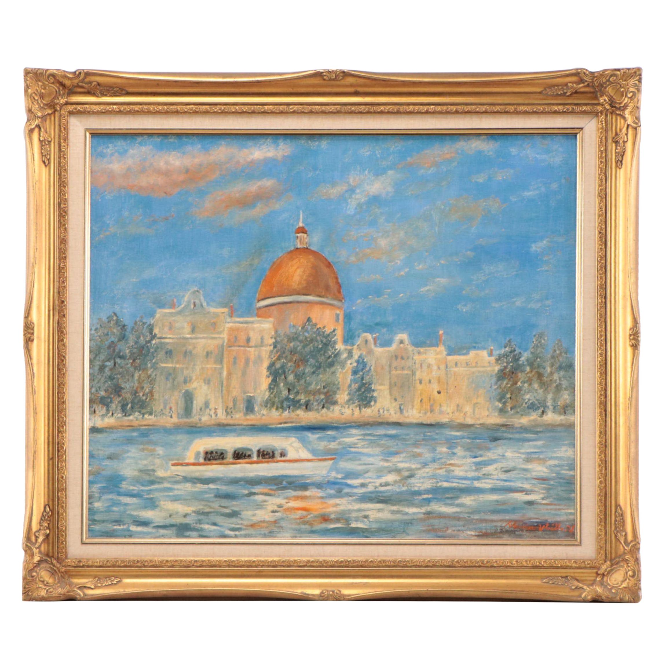 In the Style of Maurice Utrillo Oil Painting of Amsterdam Canal