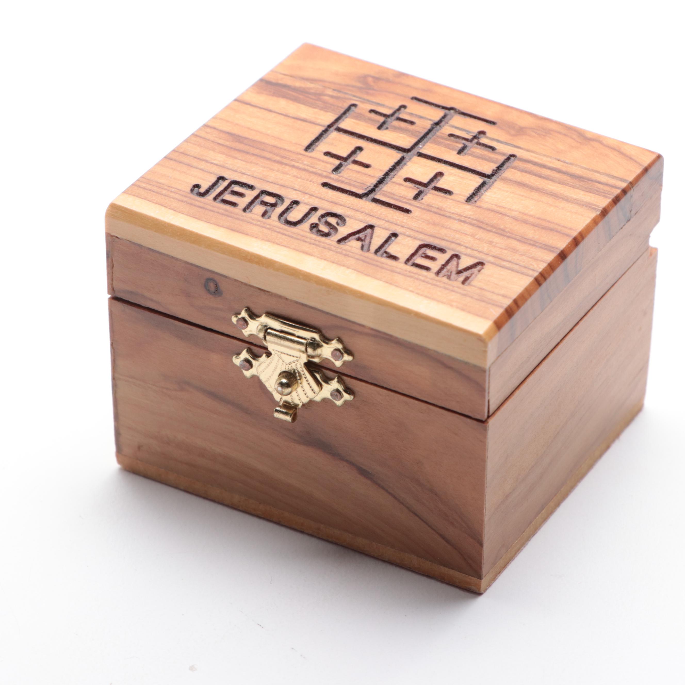 Brass, Resin and Olivewood Israeli Souvenir Crucifixes and Box