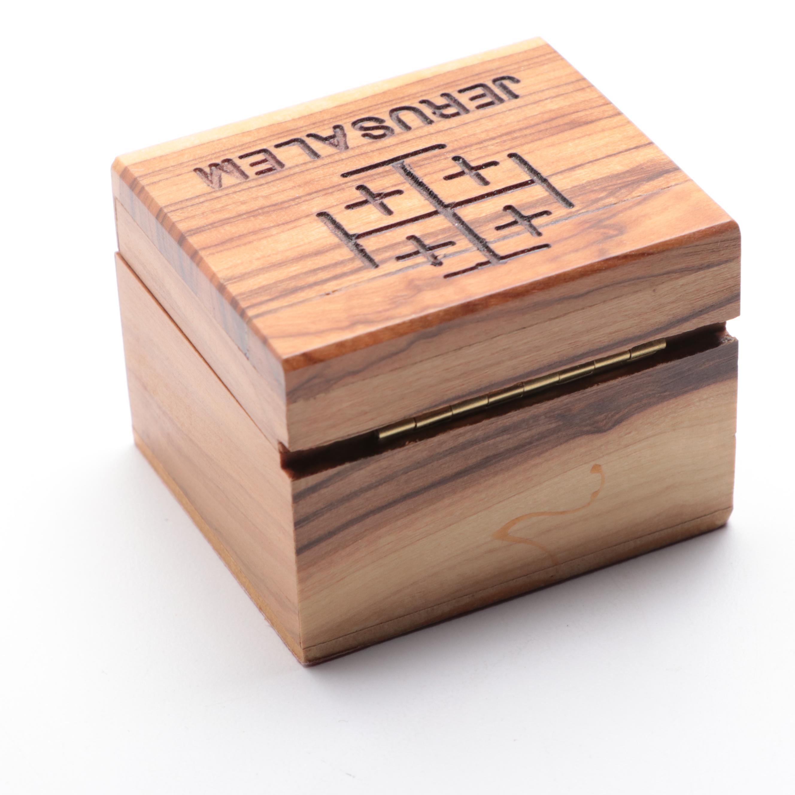 Brass, Resin and Olivewood Israeli Souvenir Crucifixes and Box