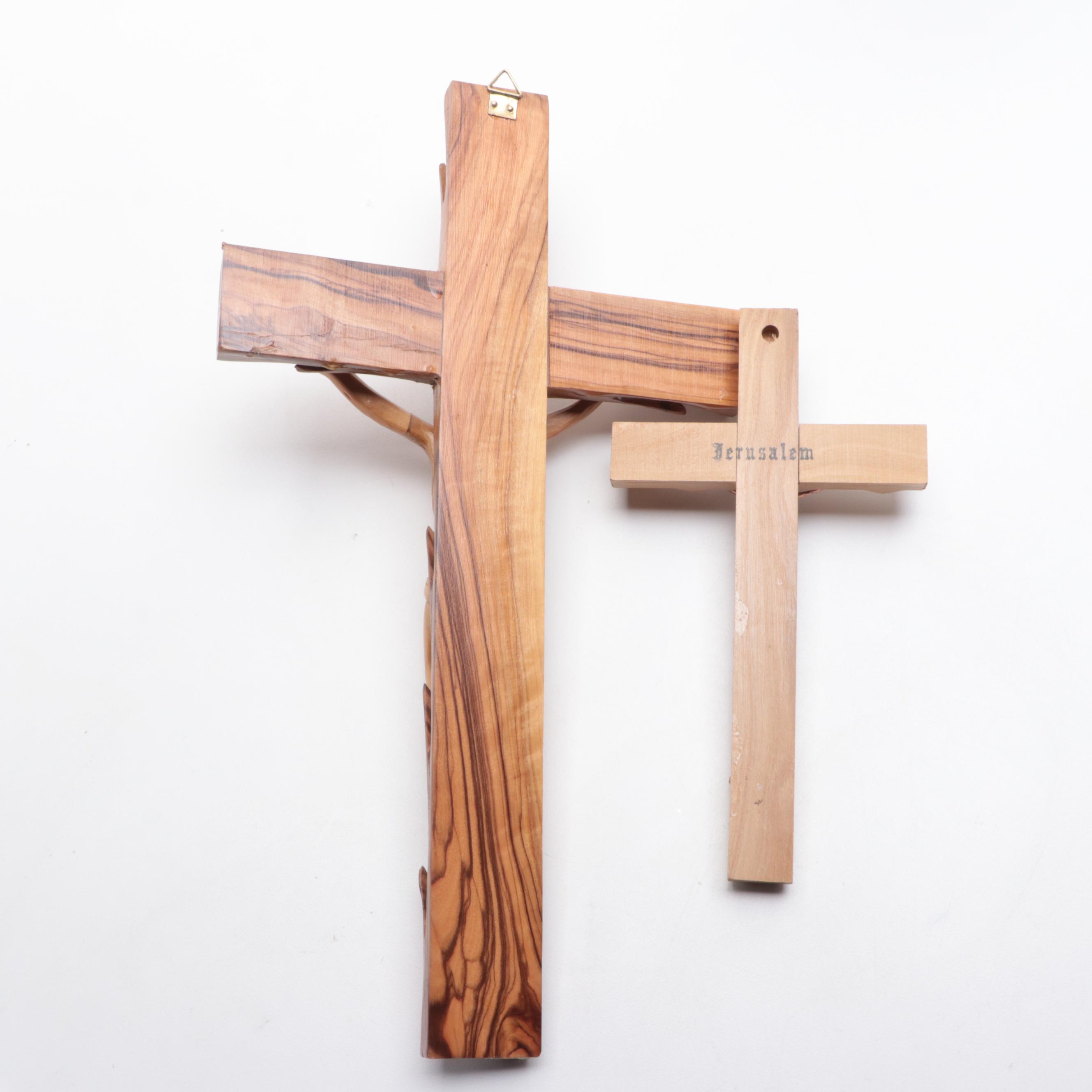 Brass, Resin and Olivewood Israeli Souvenir Crucifixes and Box