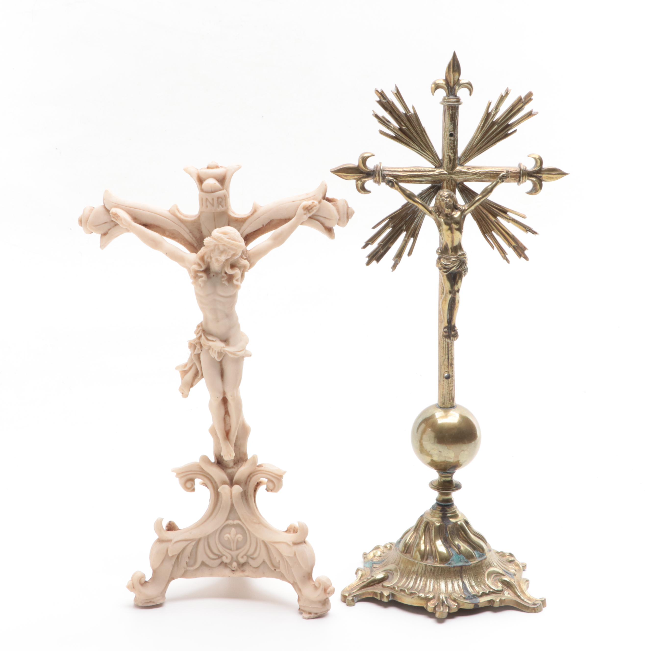 Brass, Resin and Olivewood Israeli Souvenir Crucifixes and Box