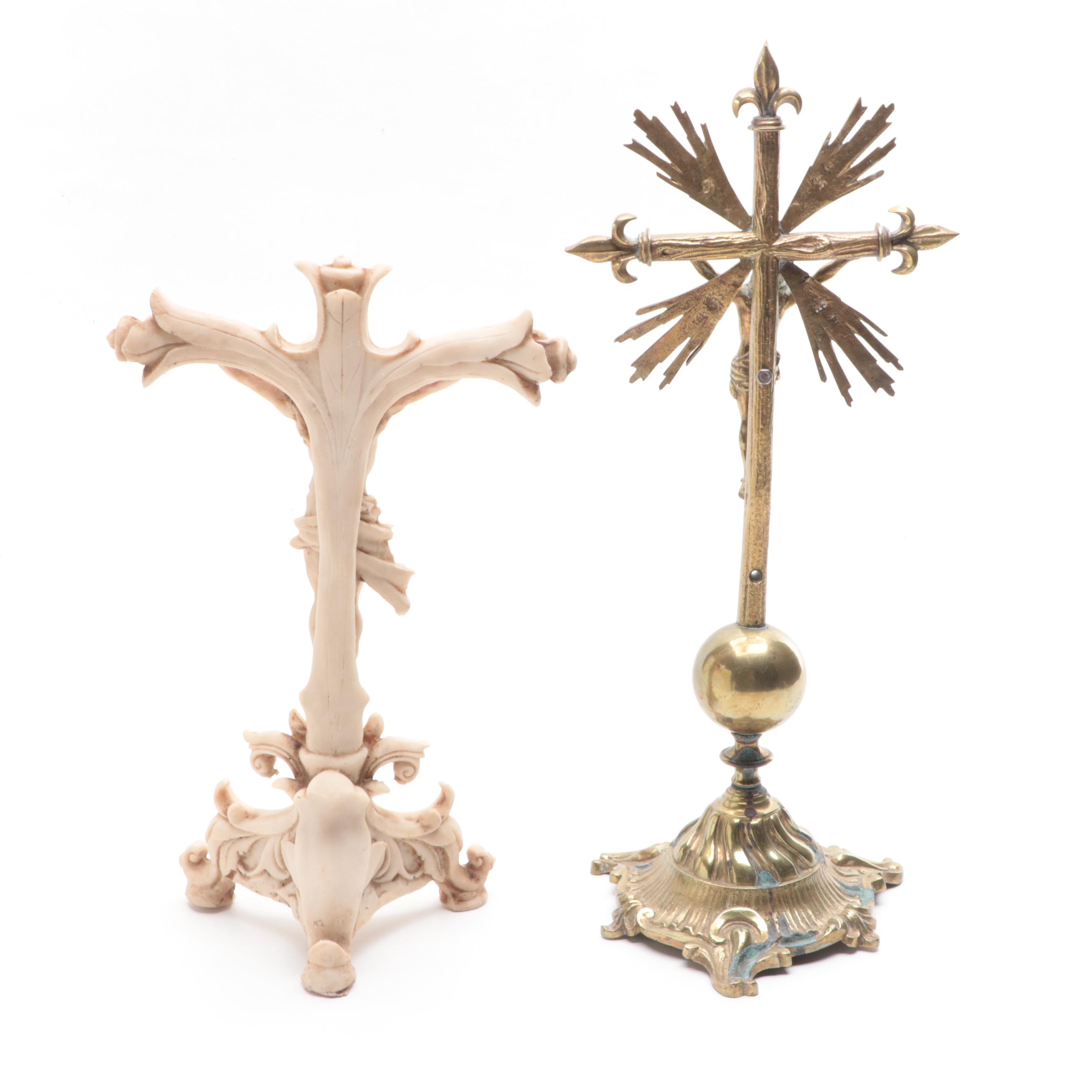 Brass, Resin and Olivewood Israeli Souvenir Crucifixes and Box