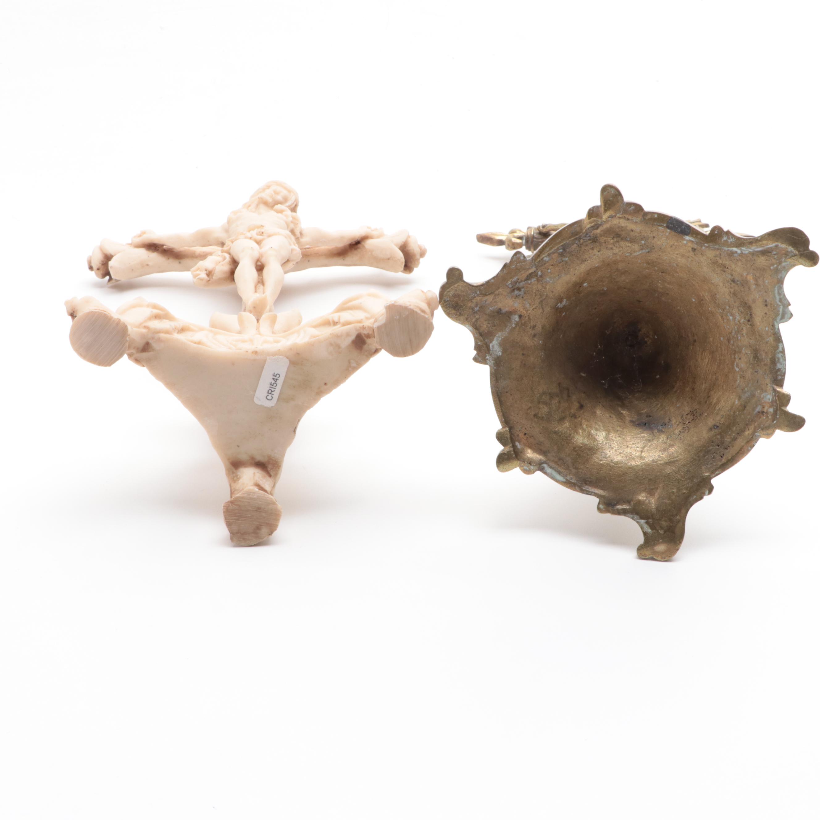 Brass, Resin and Olivewood Israeli Souvenir Crucifixes and Box