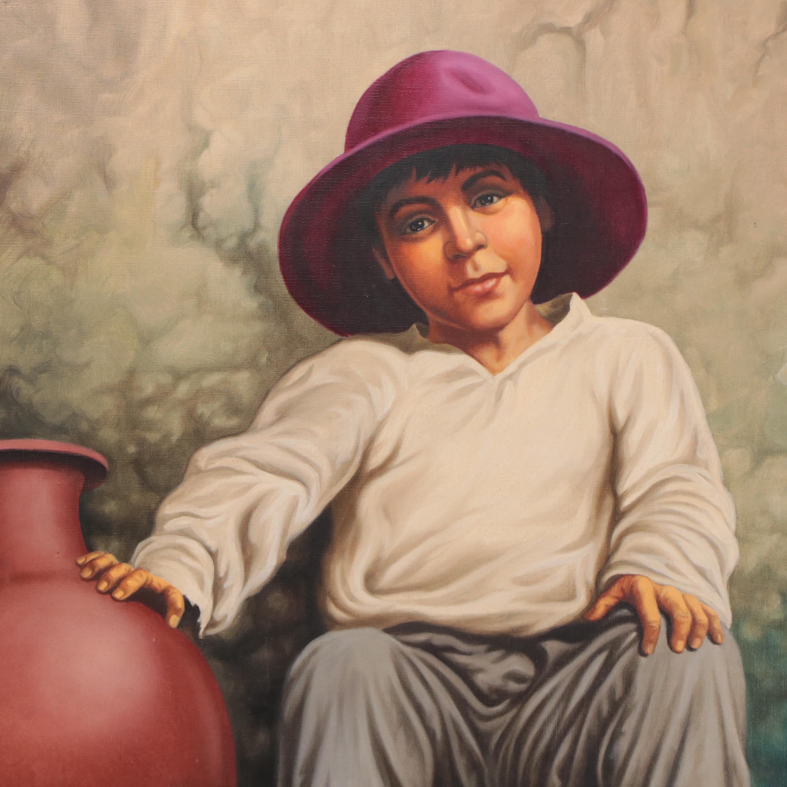 A. Santa Cruz Oil Painting of Boy and Puppy