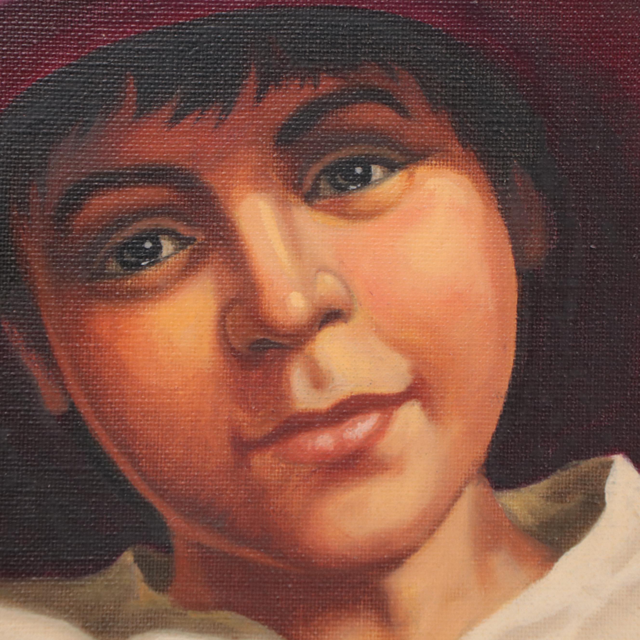 A. Santa Cruz Oil Painting of Boy and Puppy