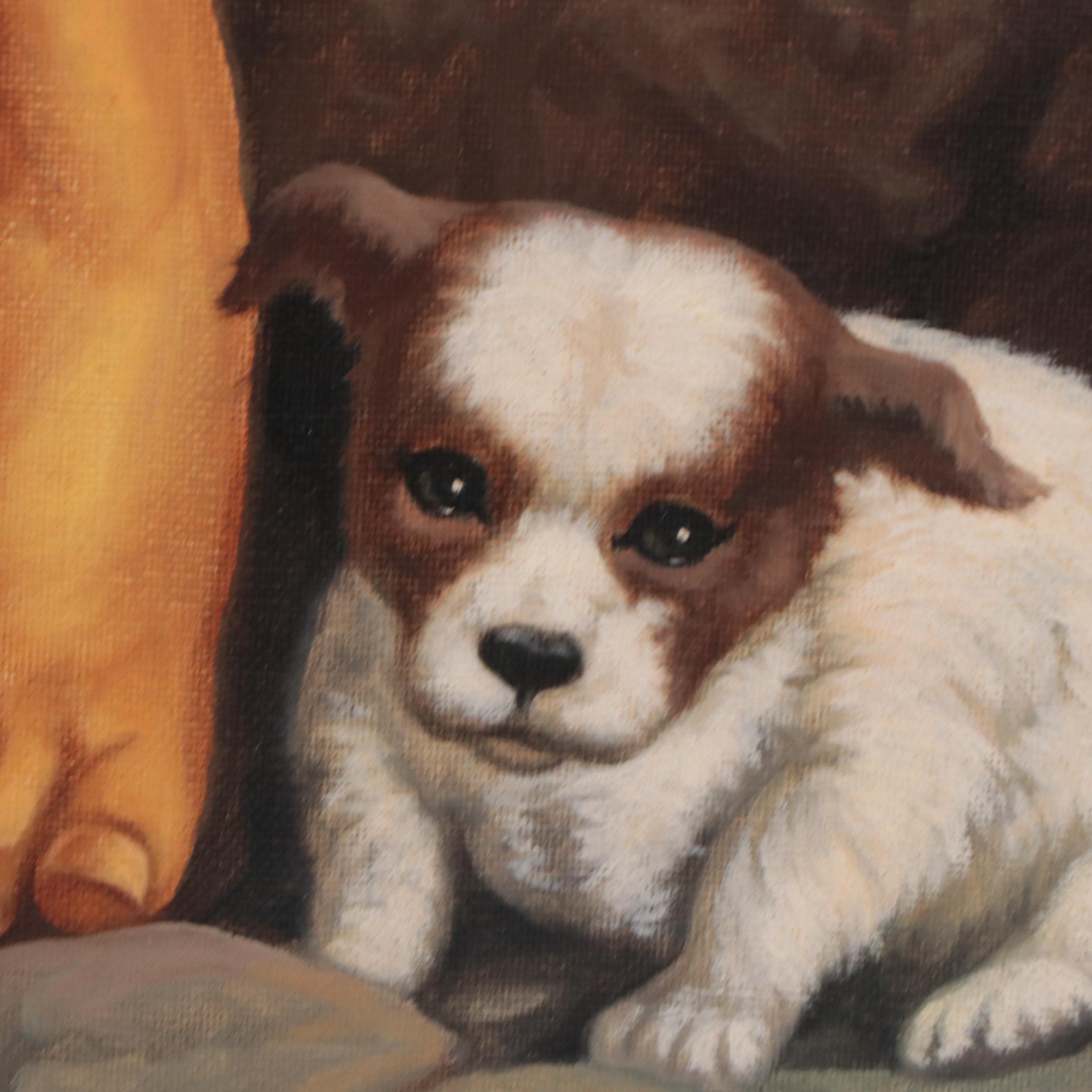 A. Santa Cruz Oil Painting of Boy and Puppy