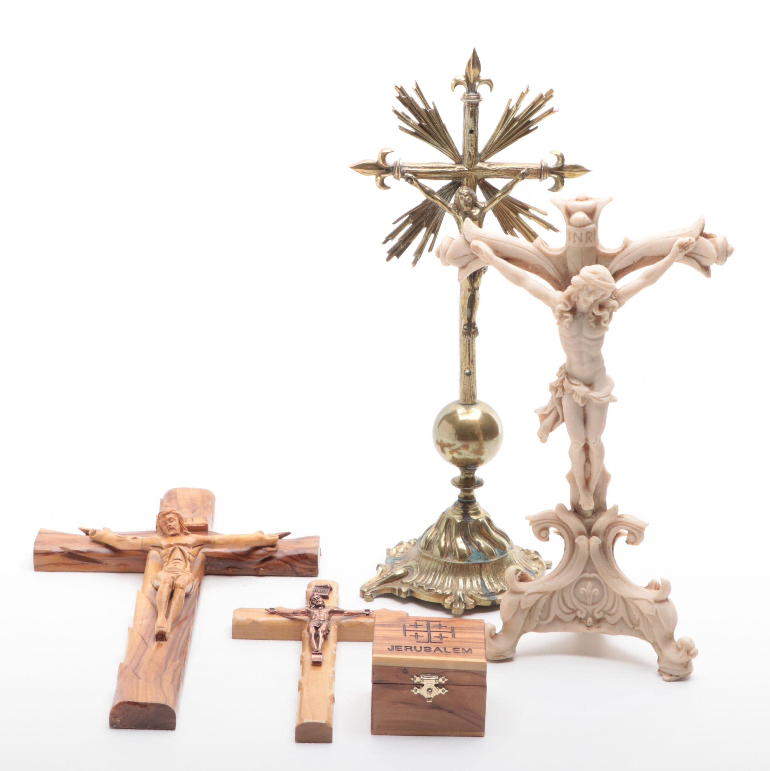 Brass, Resin and Olivewood Israeli Souvenir Crucifixes and Box