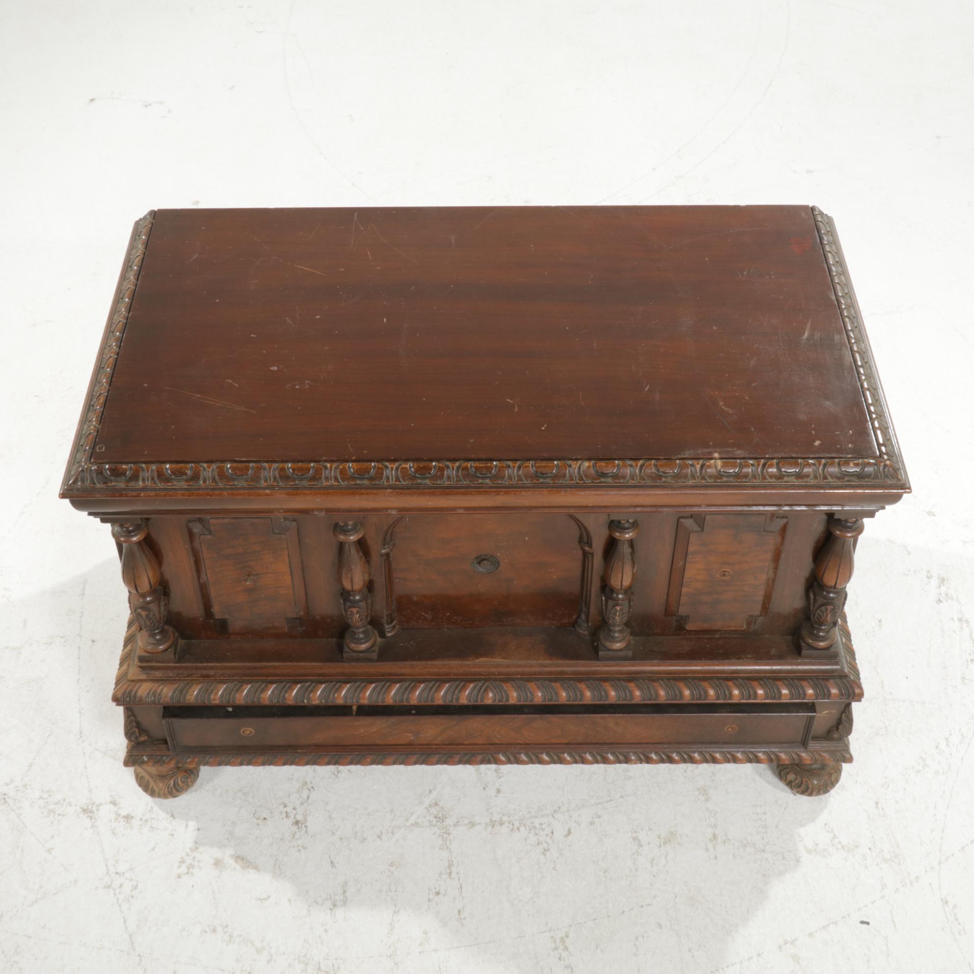 Tudor Revival Style Walnut Cedar Chest, Mid-20th Century