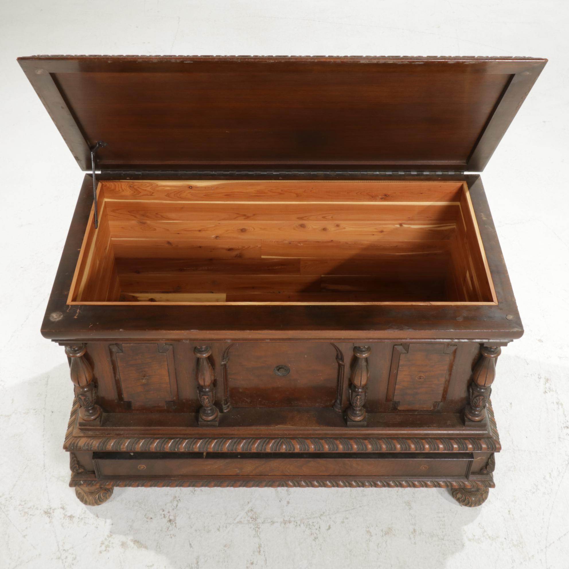 Tudor Revival Style Walnut Cedar Chest, Mid-20th Century
