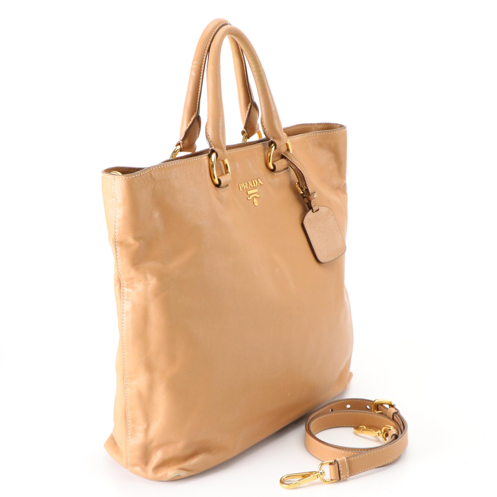 Prada Soft Calfskin Leather Two-Way Shopping Tote in Sabbia