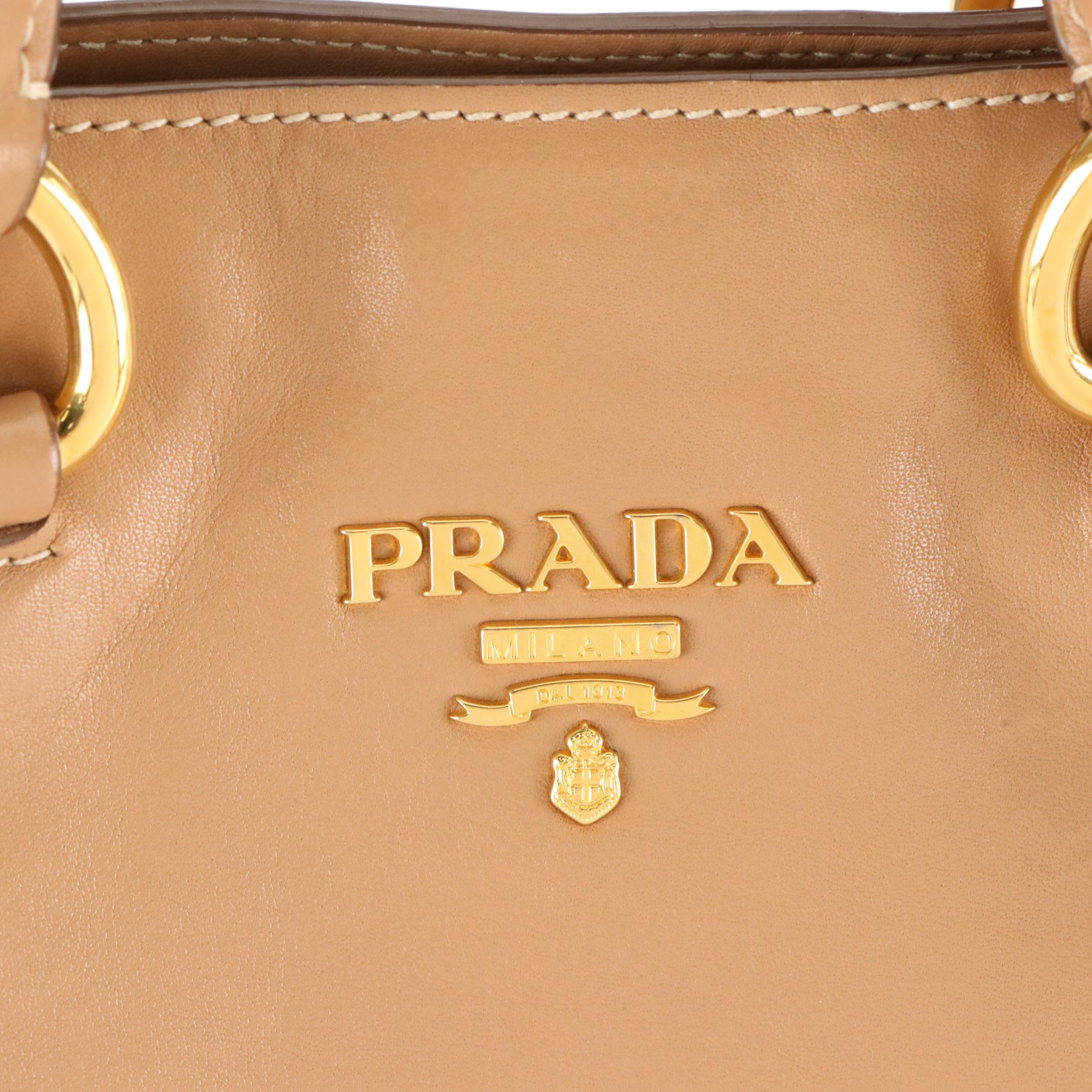 Prada Soft Calfskin Leather Two-Way Shopping Tote in Sabbia