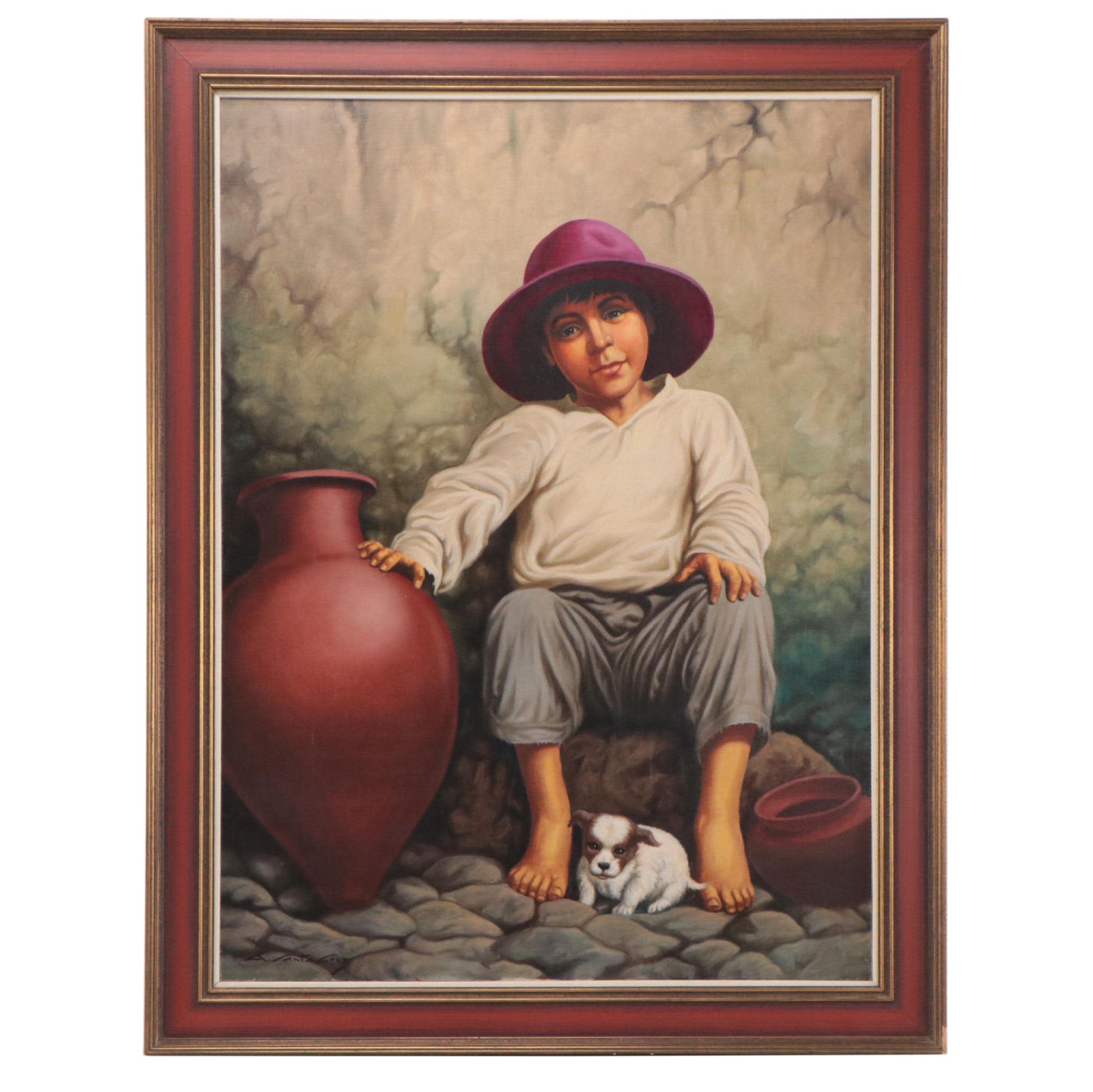 A. Santa Cruz Oil Painting of Boy and Puppy