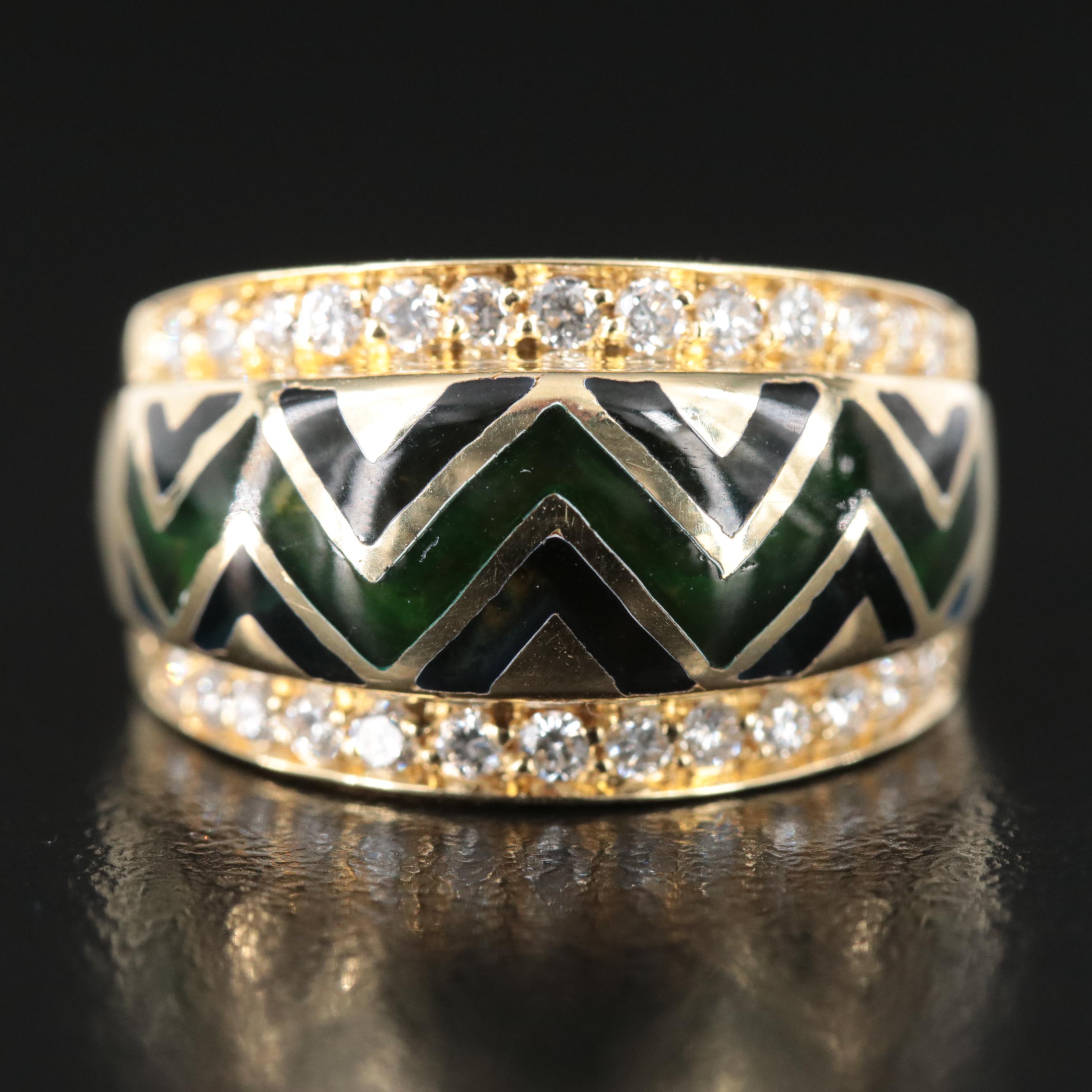 18K Diamond and Enamel Chevron Ring