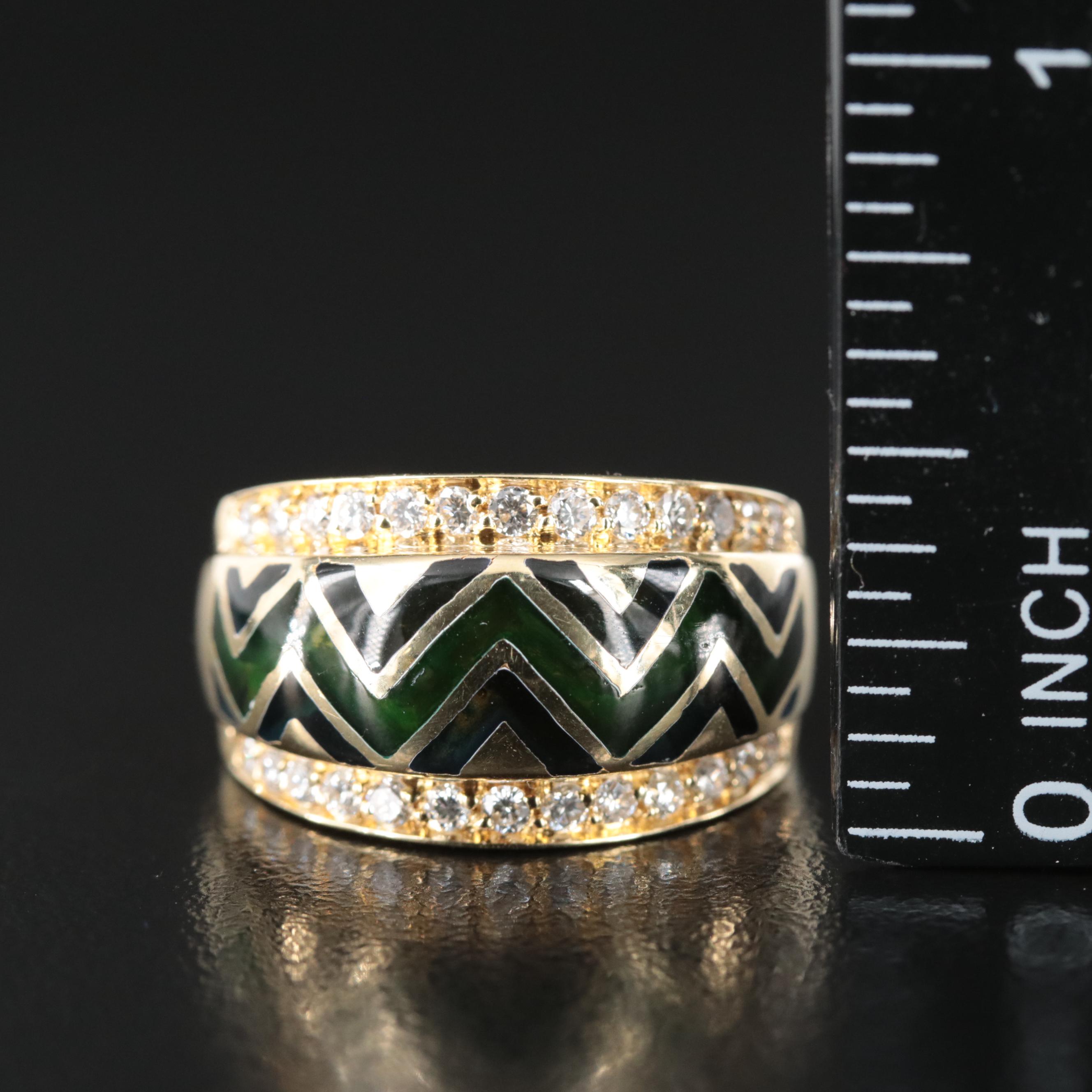18K Diamond and Enamel Chevron Ring