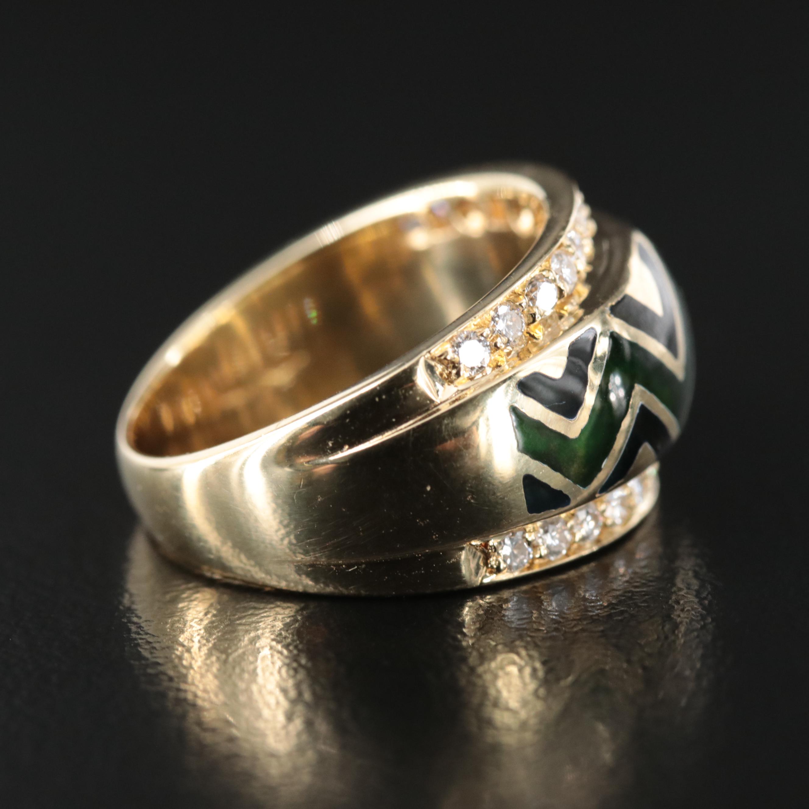 18K Diamond and Enamel Chevron Ring