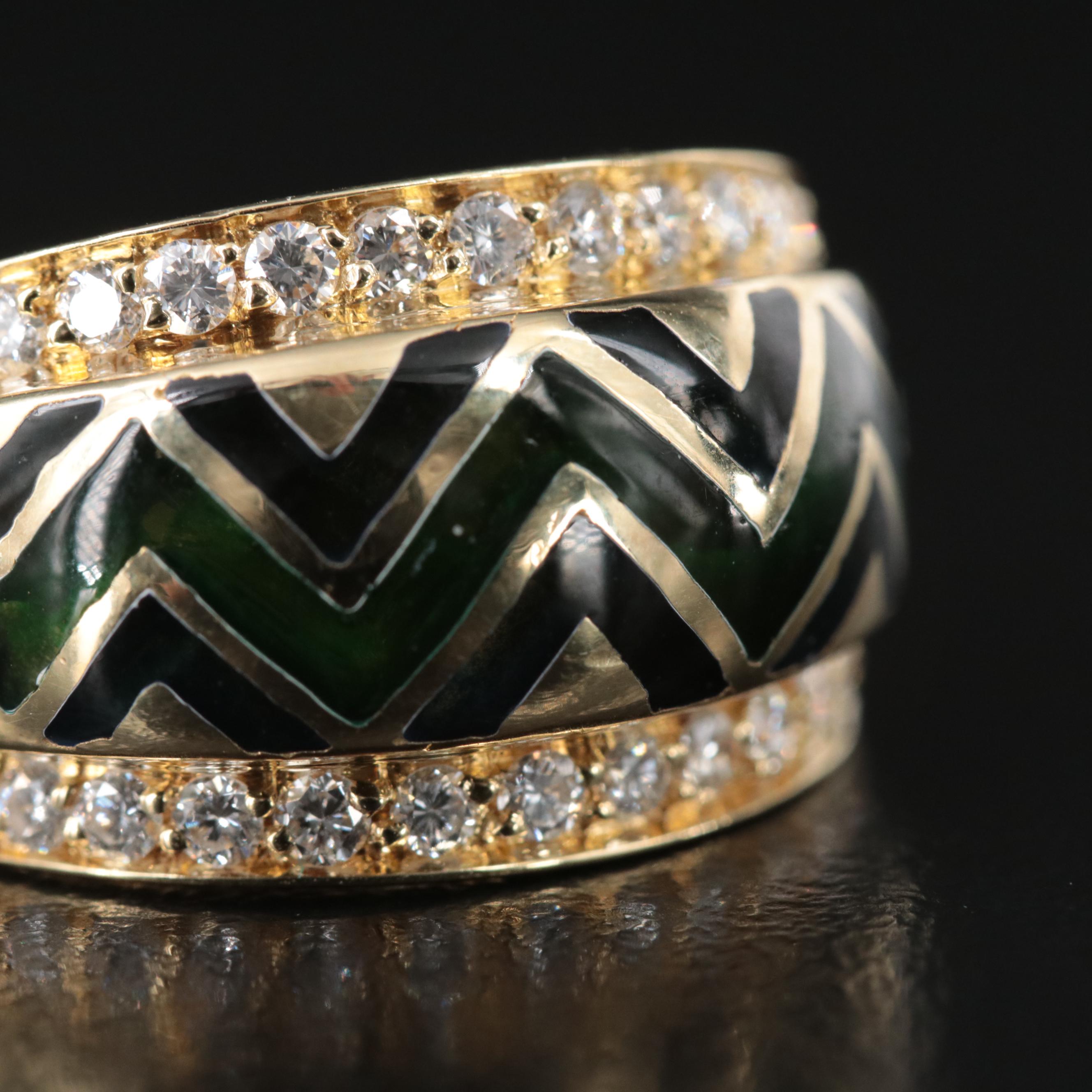 18K Diamond and Enamel Chevron Ring