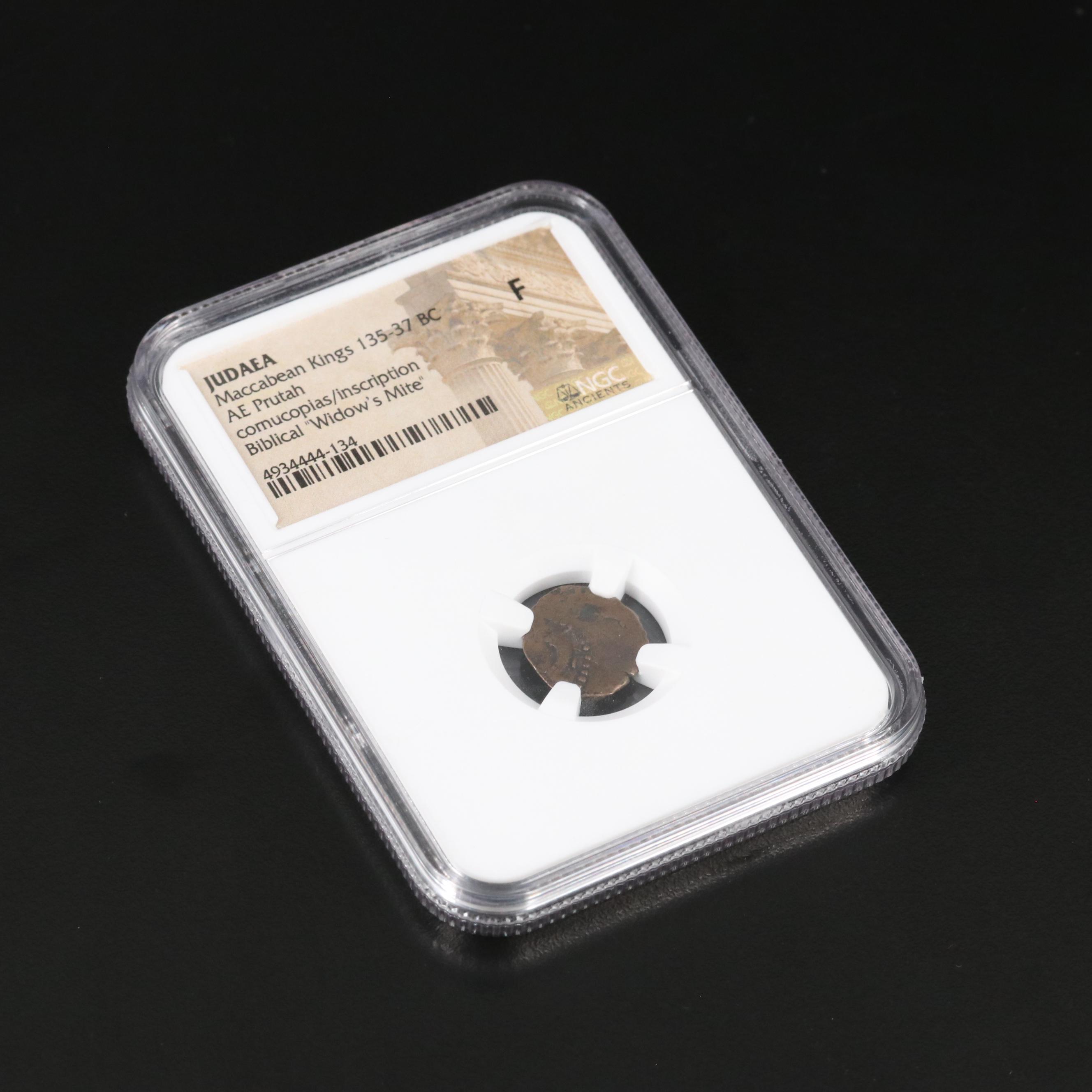 NGC Graded Fine Ancient Judaea Prutah Coin, ca. 135 B.C.