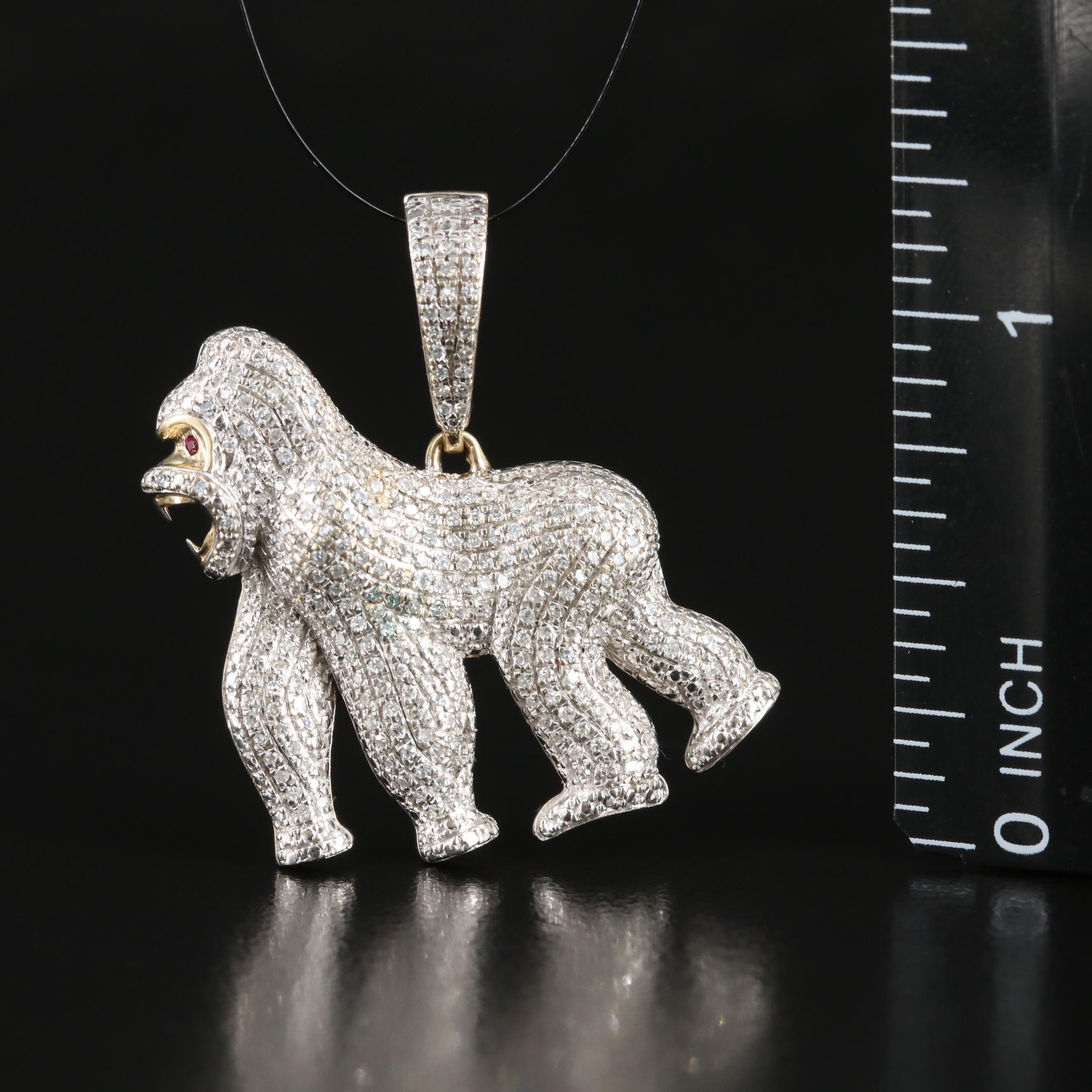 10K Diamond Gorilla Pendant with Ruby Eyes