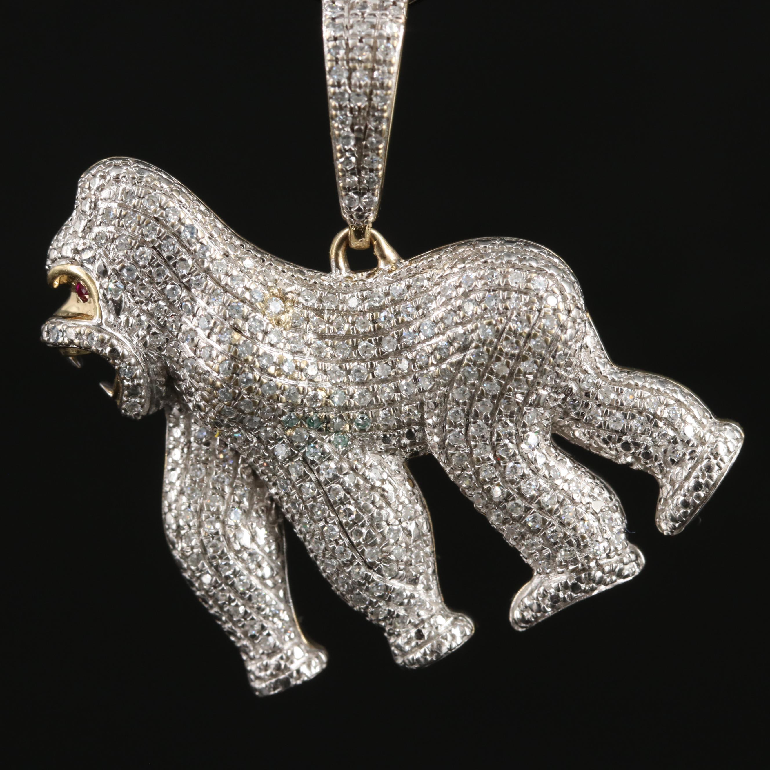 10K Diamond Gorilla Pendant with Ruby Eyes