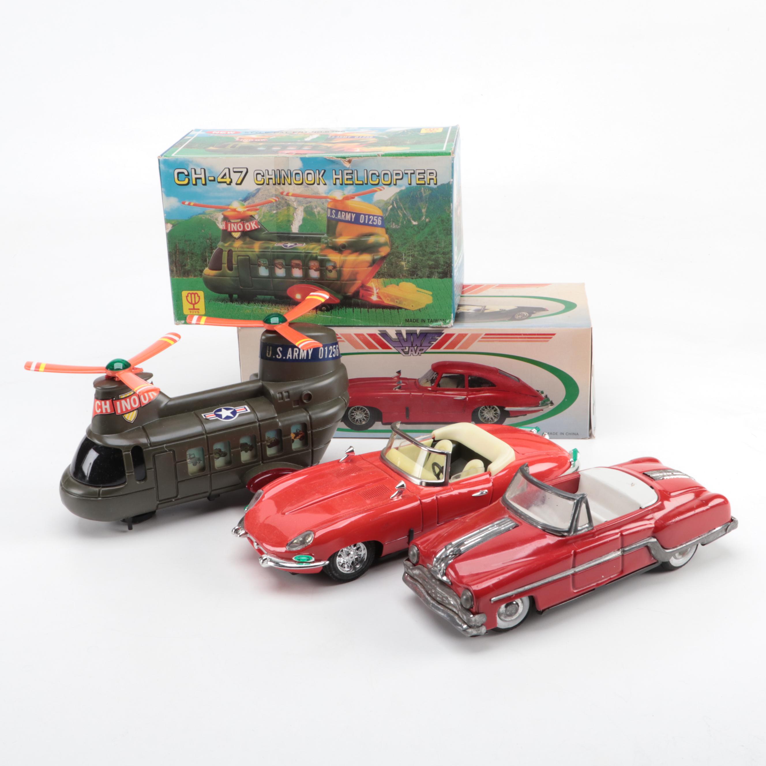 CH-47 Chinook Helicopter with Red Jaguar Convertible and Friction Car, Vintage