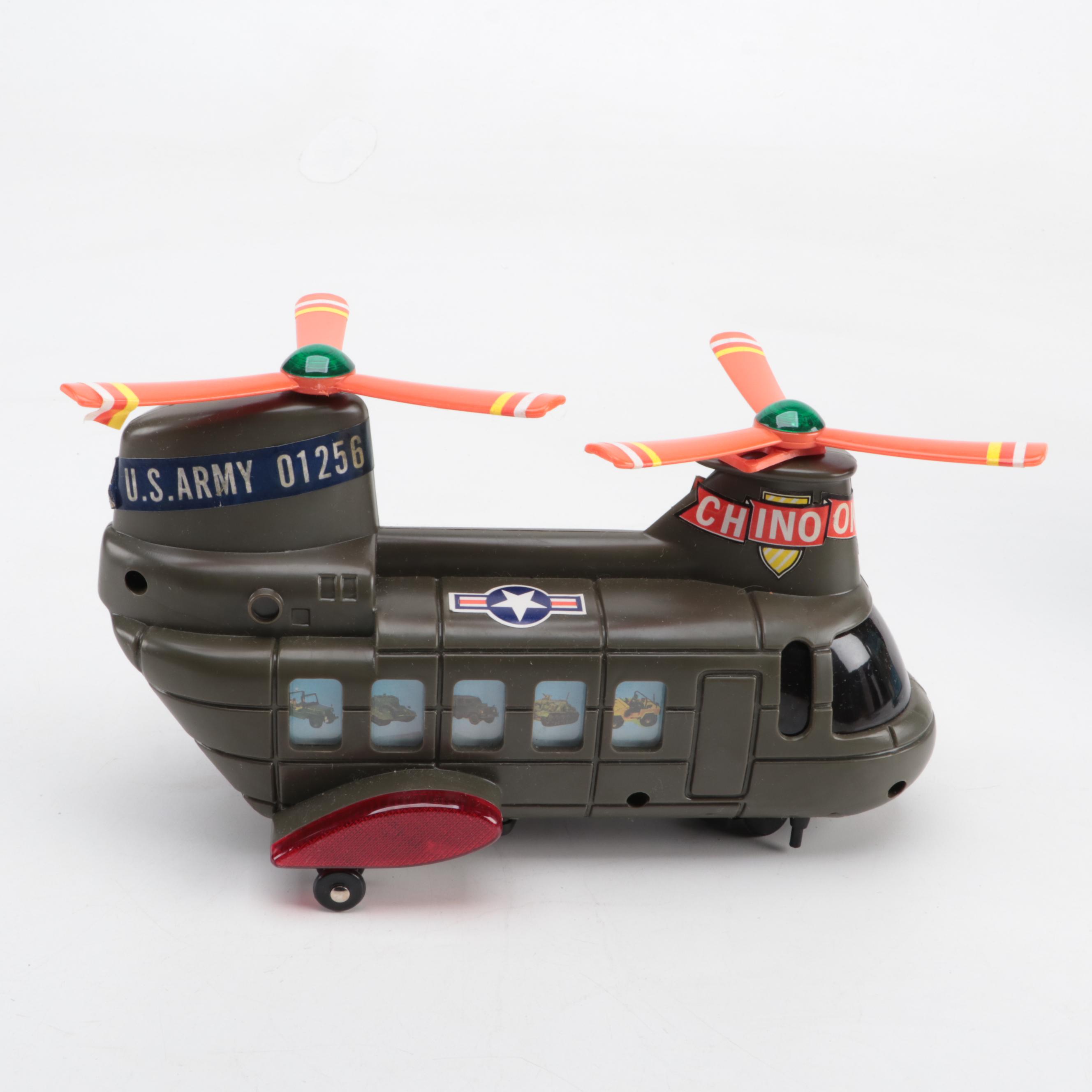 CH-47 Chinook Helicopter with Red Jaguar Convertible and Friction Car, Vintage