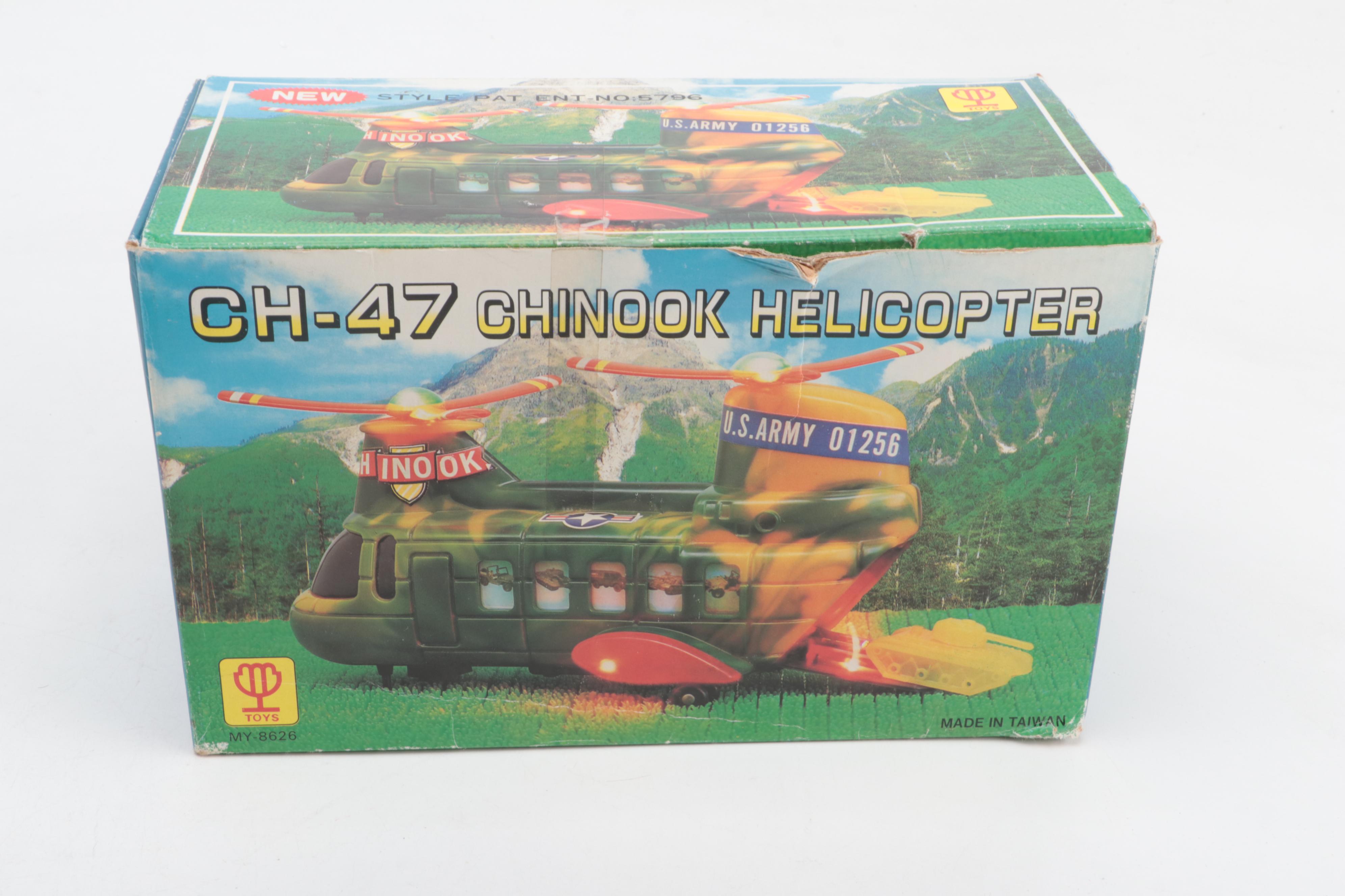 CH-47 Chinook Helicopter with Red Jaguar Convertible and Friction Car, Vintage