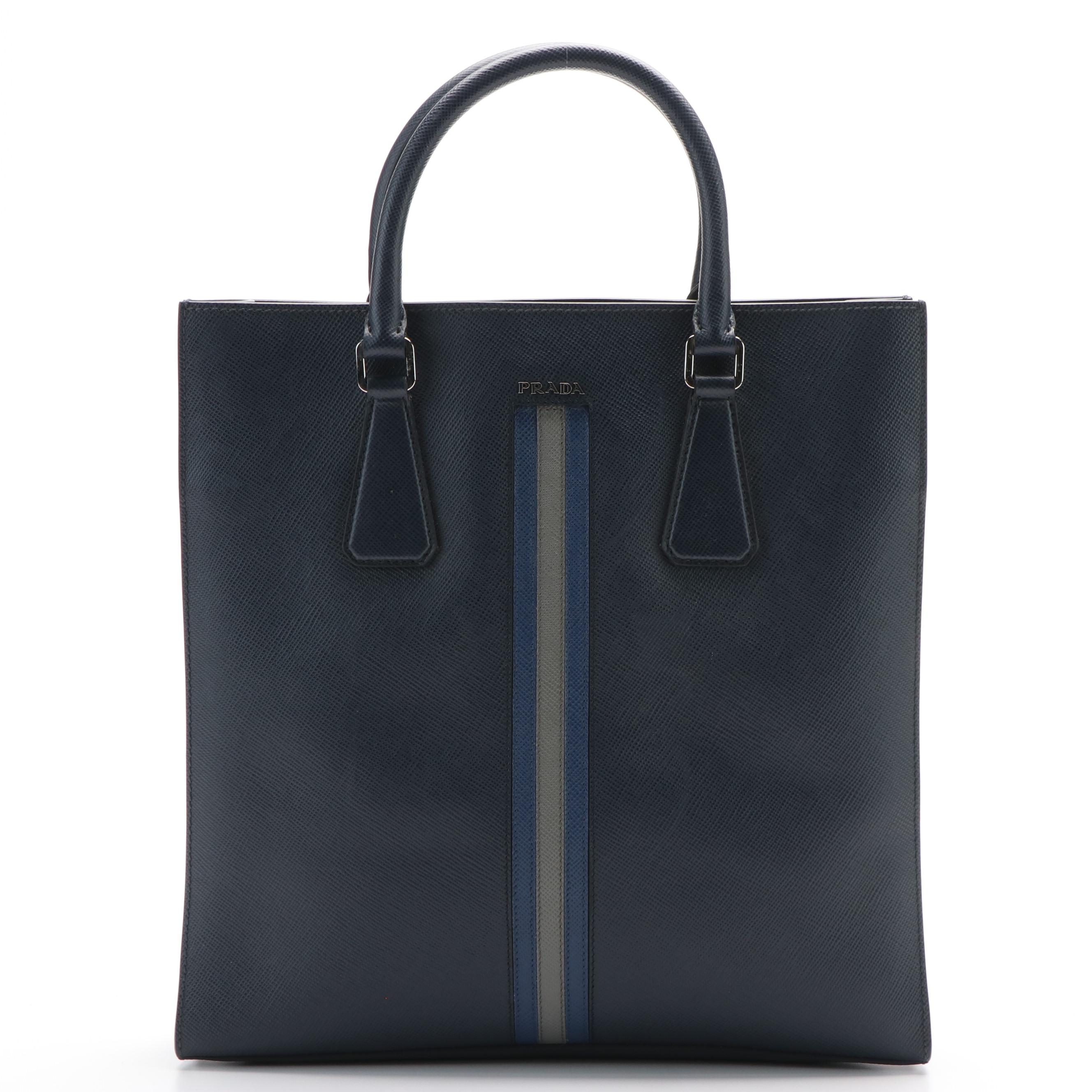 Prada Large Saffiano Travel Tote in Navy Leather