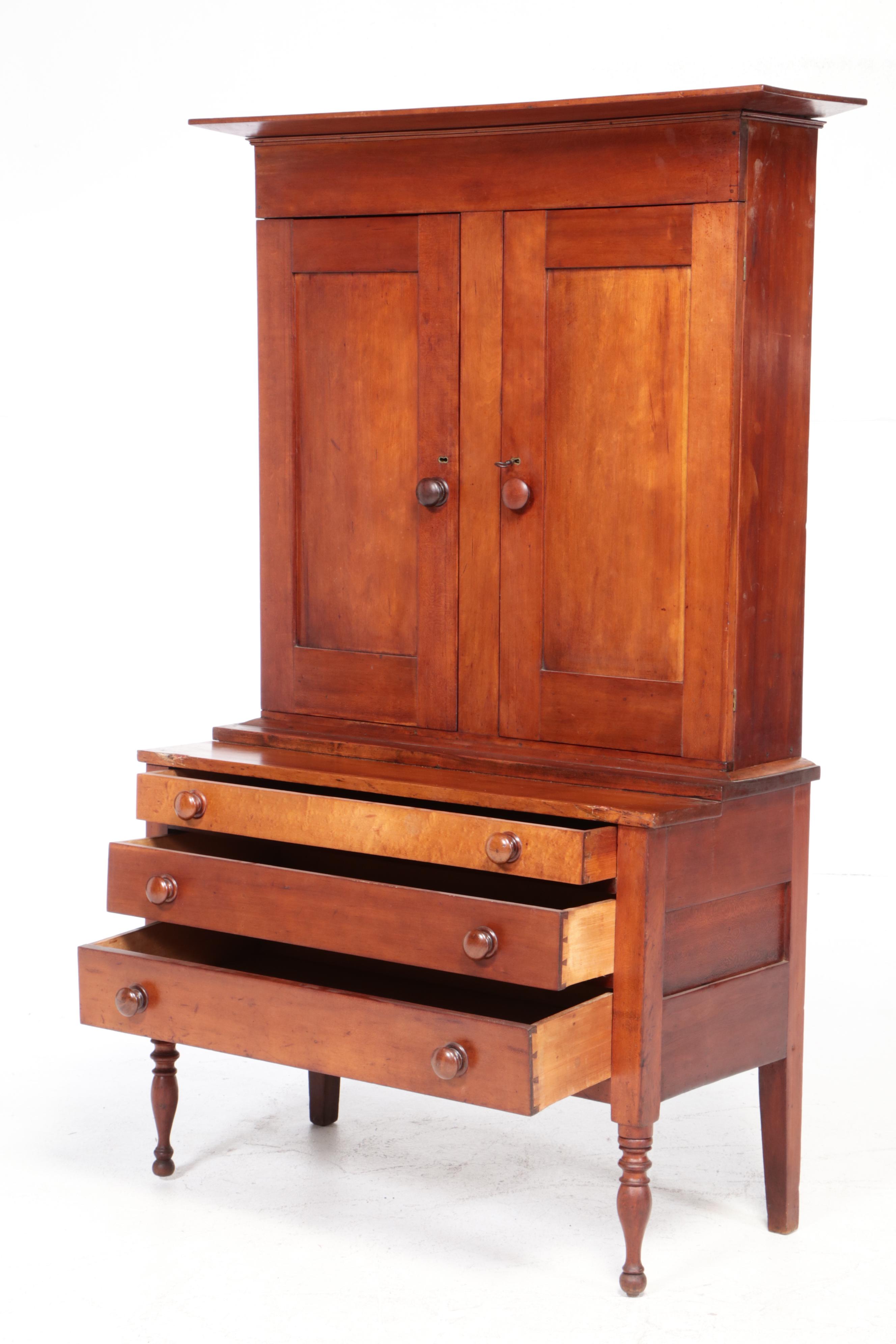 American Primitive Mixed Hardwoods Cherry-Finish Bookcase-on-Table, Mid-19th C