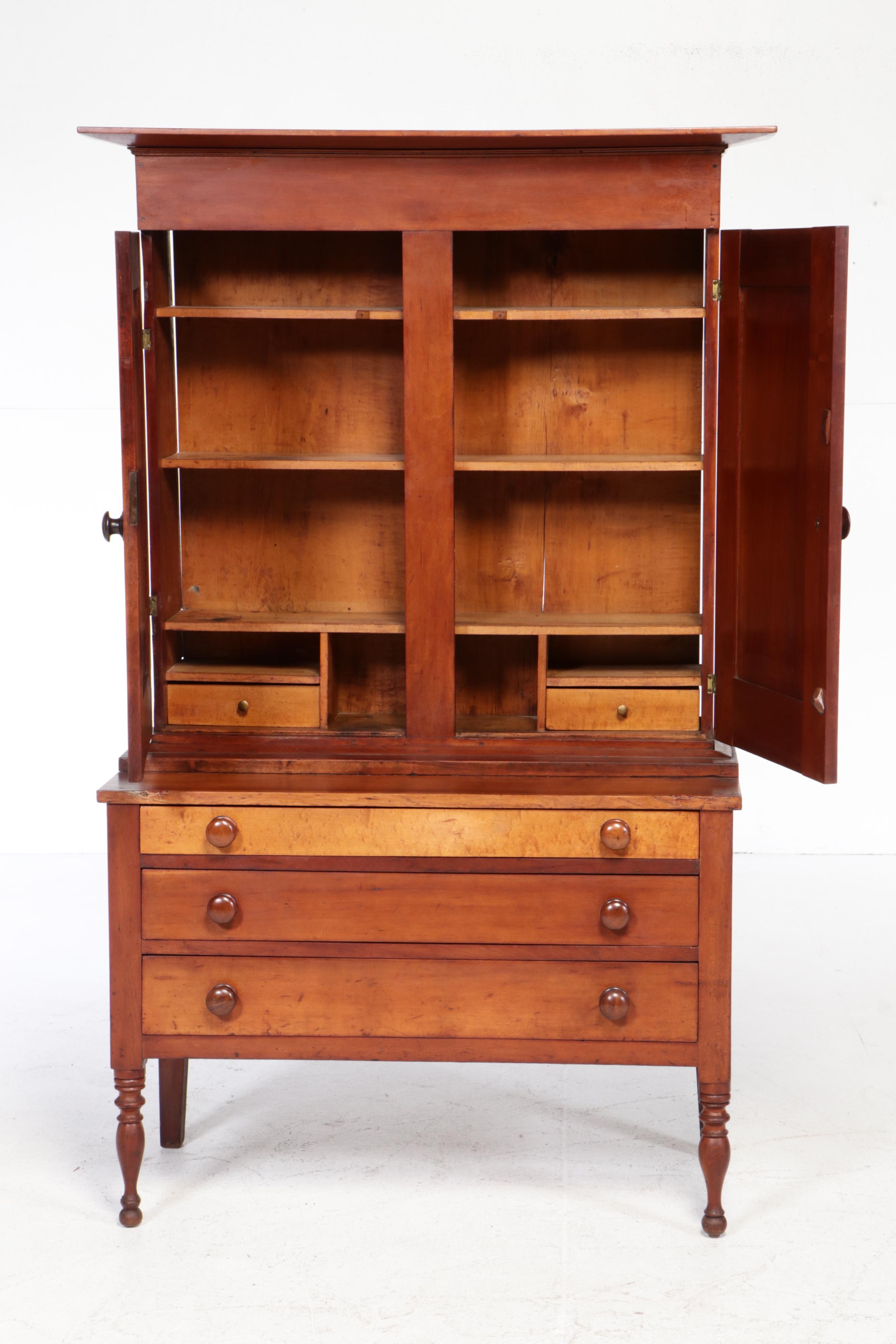 American Primitive Mixed Hardwoods Cherry-Finish Bookcase-on-Table, Mid-19th C