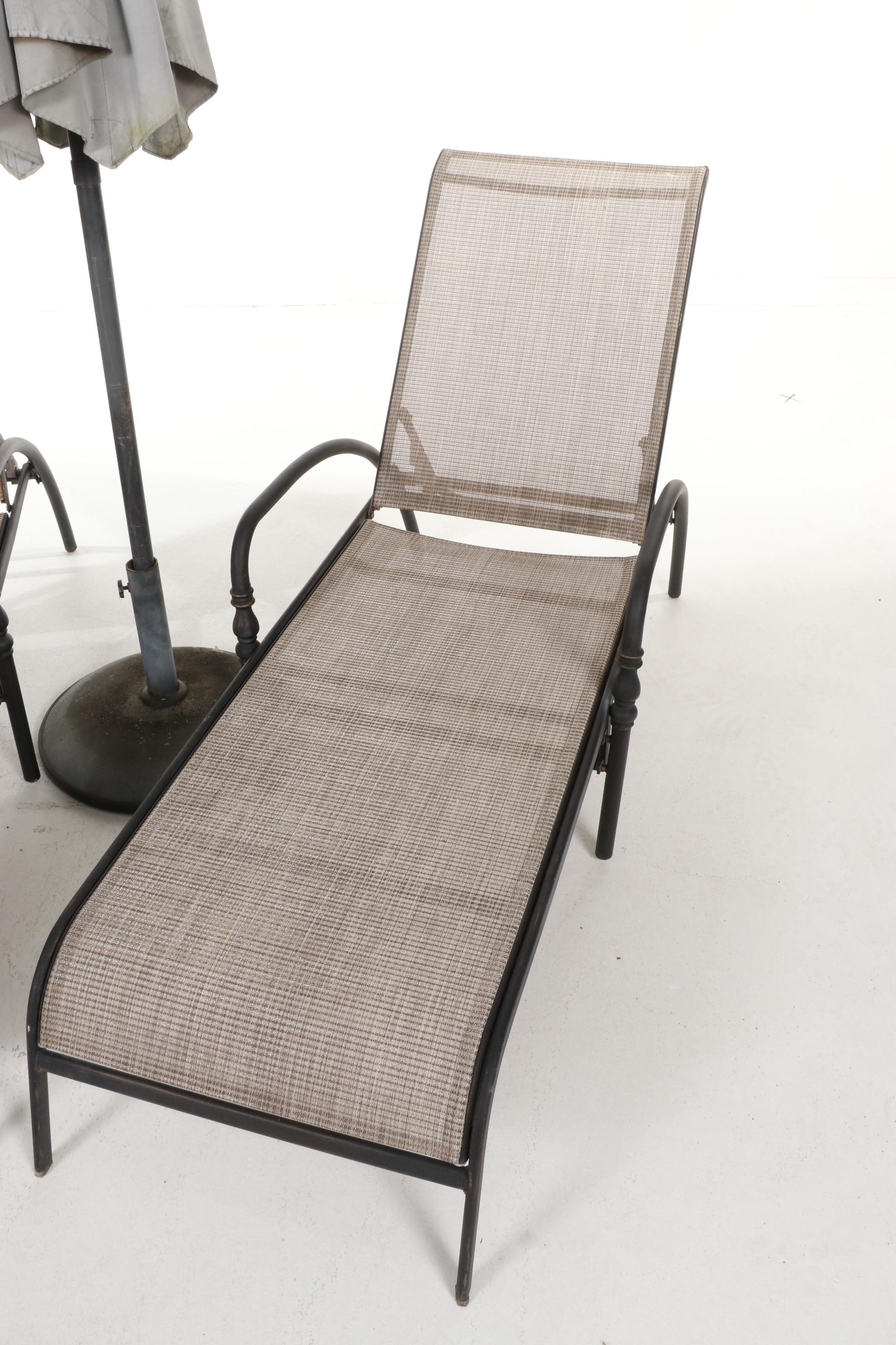 Hampton Bay Metal and Mesh Patio Lounge Chairs with Umbrella and Stand