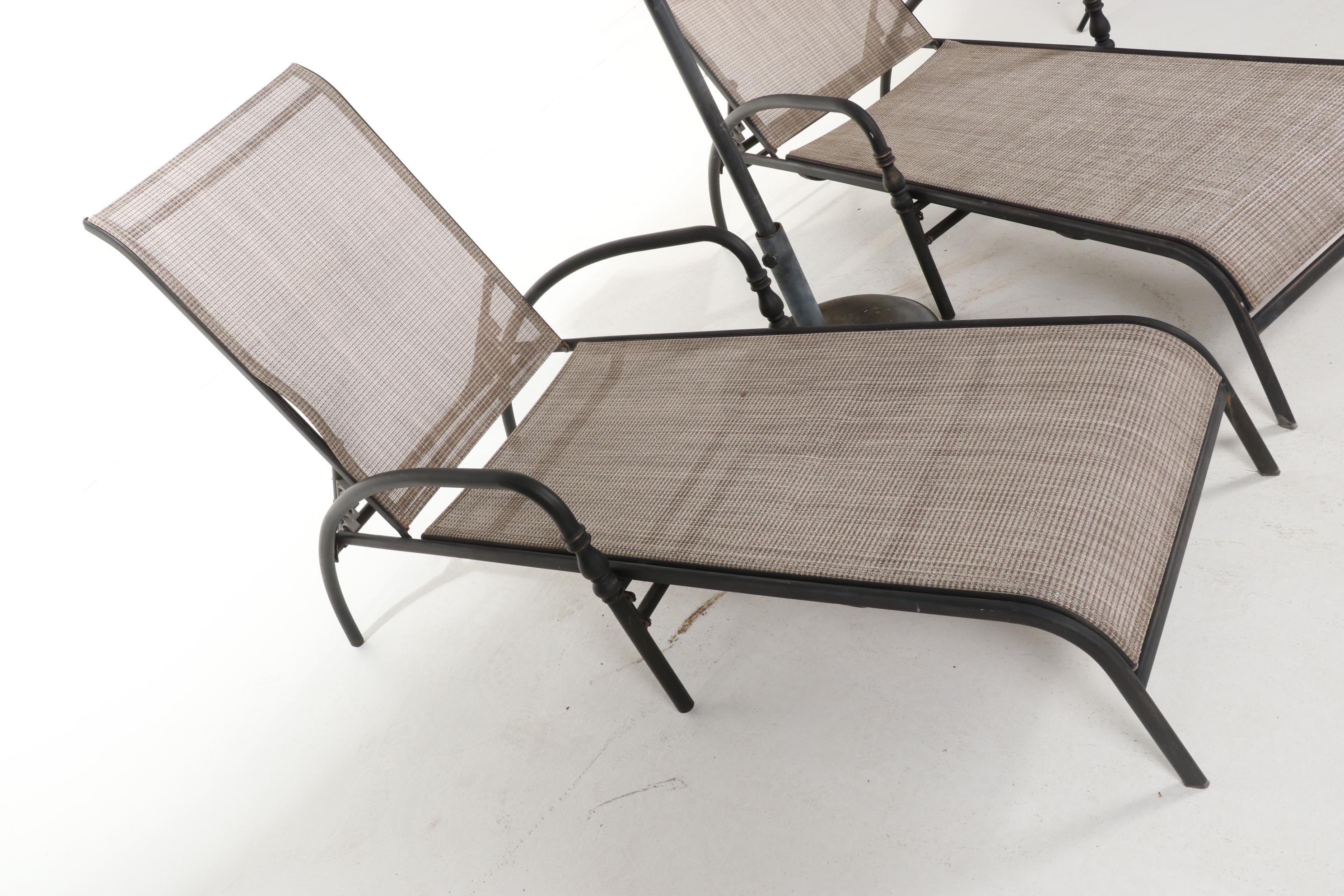 Hampton Bay Metal and Mesh Patio Lounge Chairs with Umbrella and Stand