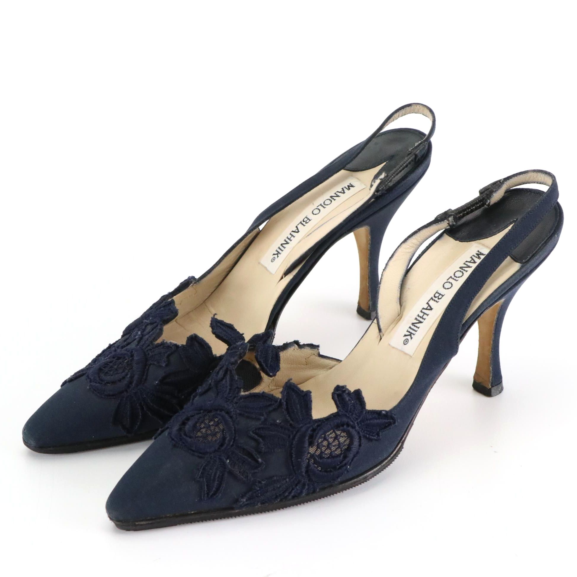 Manolo Blahnik Navy Blue Embroidered Lace and Twill Slingbacks