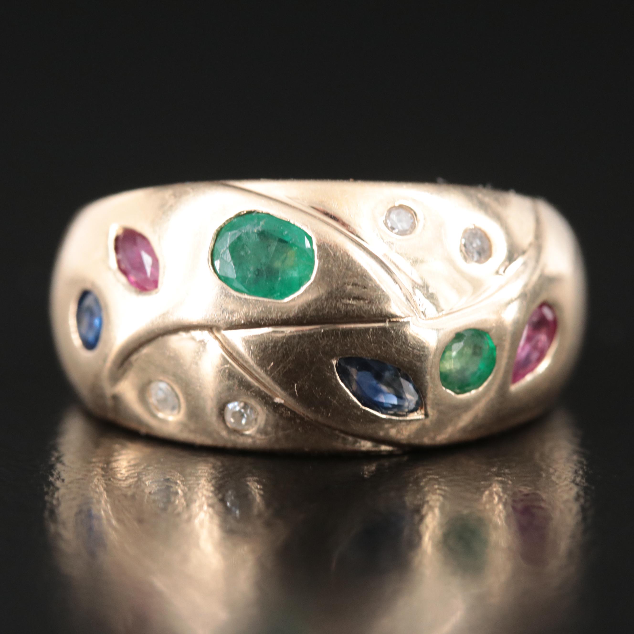 14K Flush Set Emerald, Ruby, Sapphire, and Diamond Ring