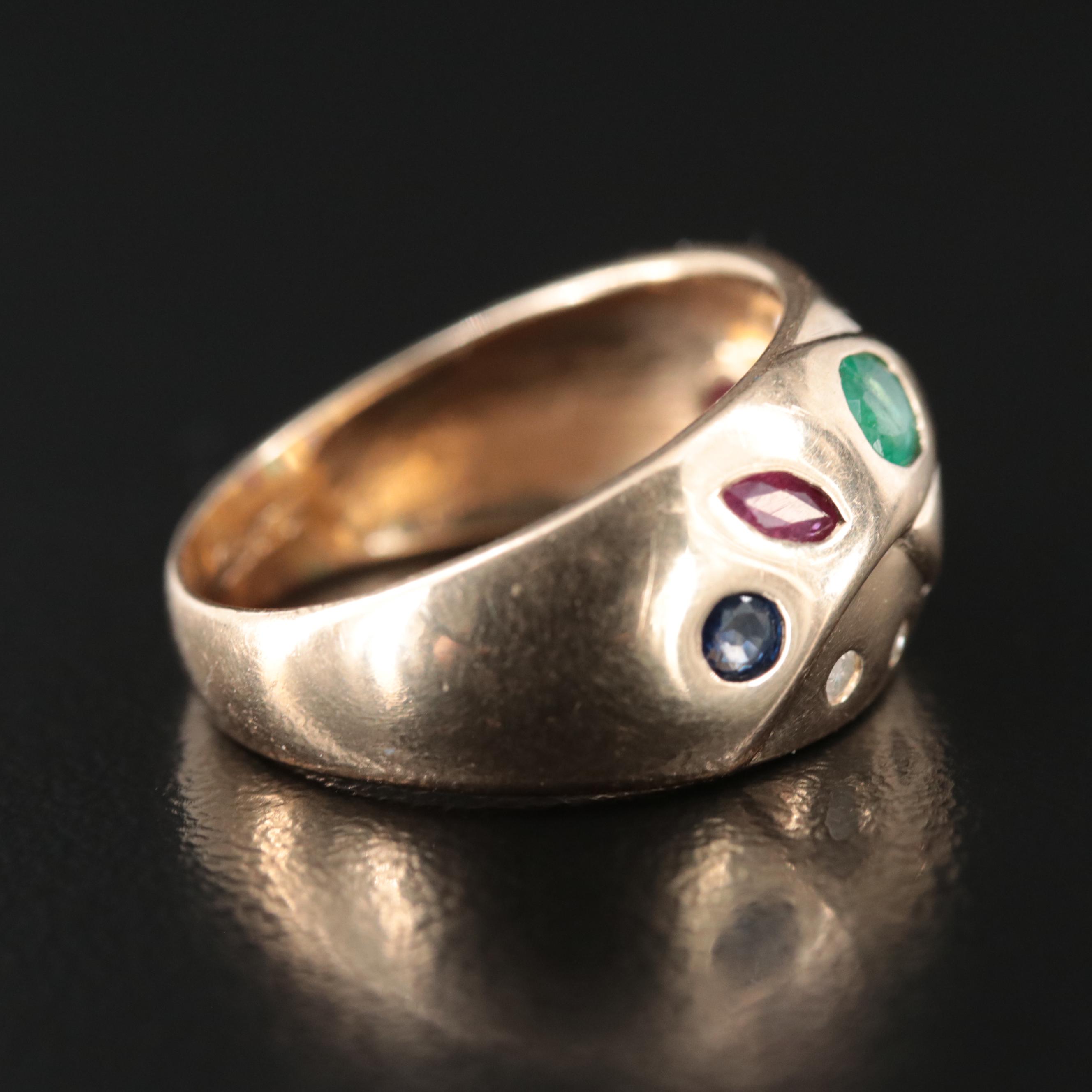 14K Flush Set Emerald, Ruby, Sapphire, and Diamond Ring