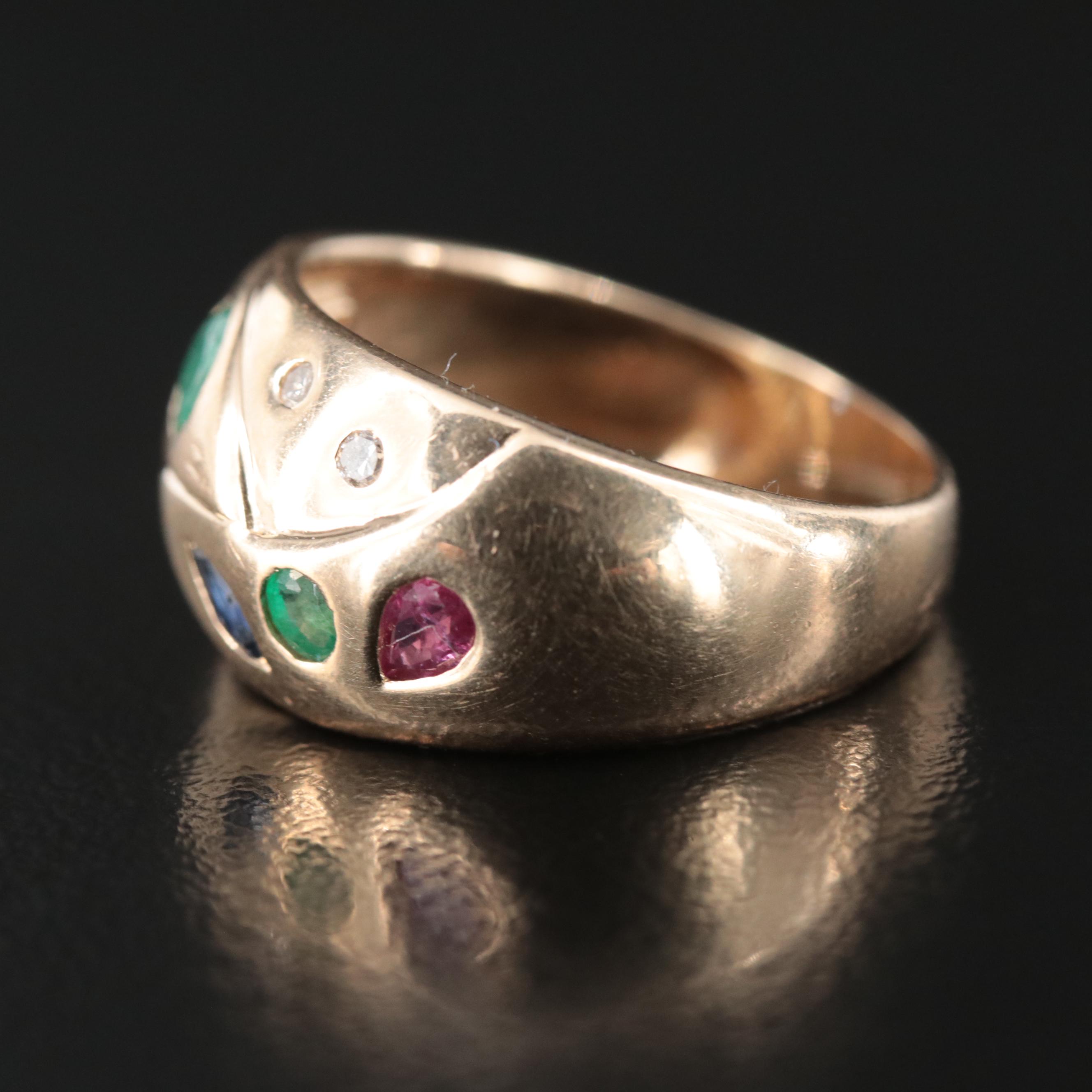 14K Flush Set Emerald, Ruby, Sapphire, and Diamond Ring