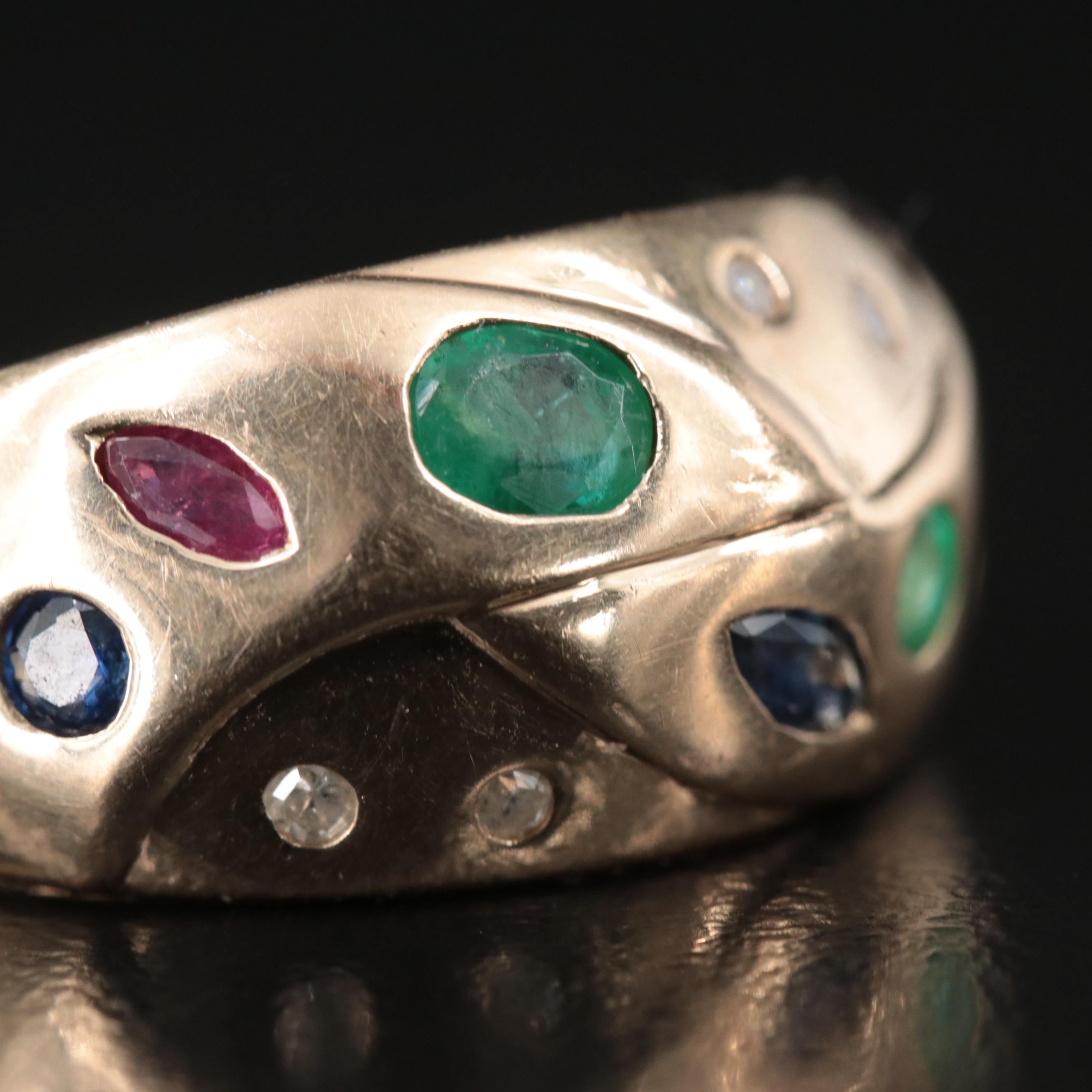 14K Flush Set Emerald, Ruby, Sapphire, and Diamond Ring