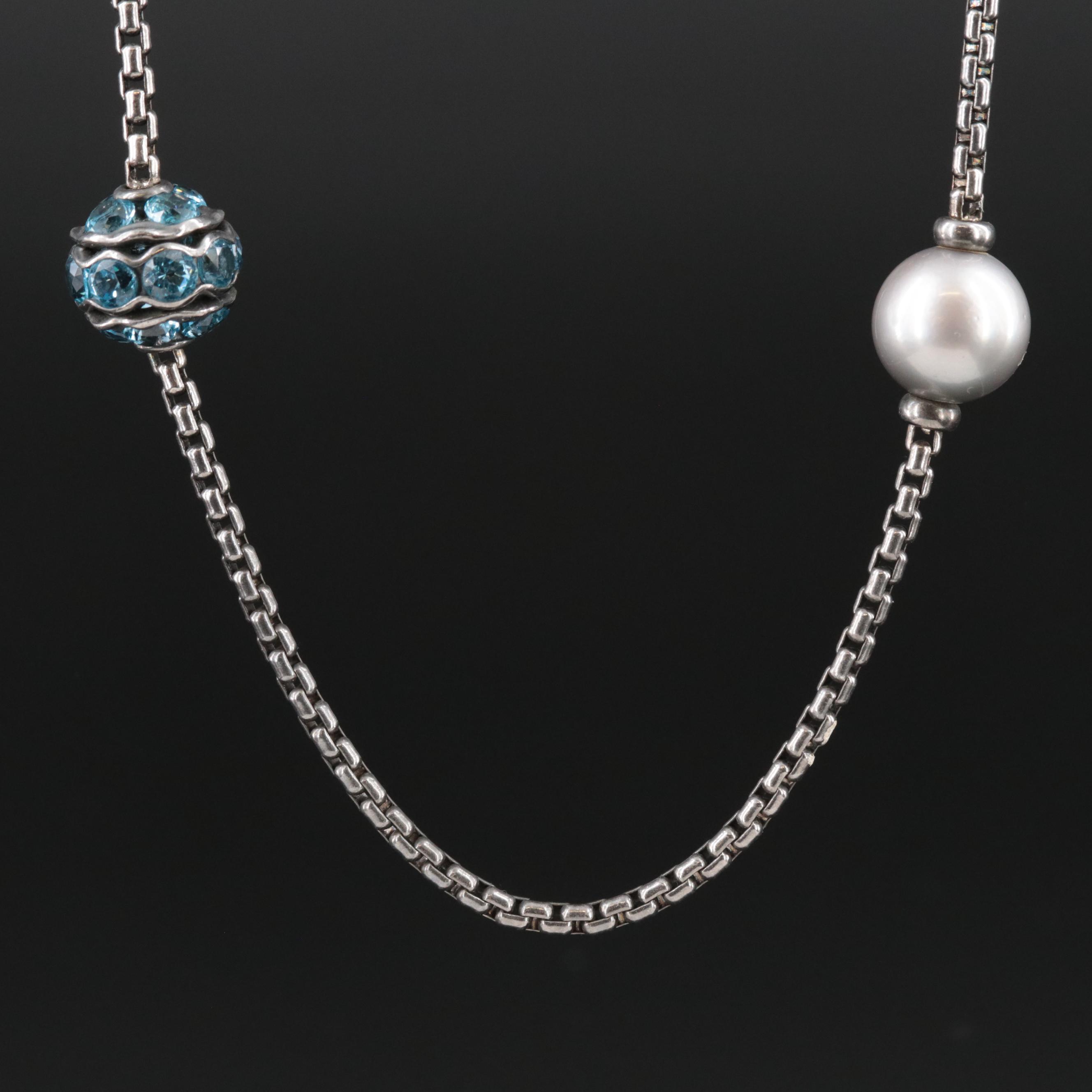 David Yurman Sterling Pearl and Blue Topaz Station Necklace