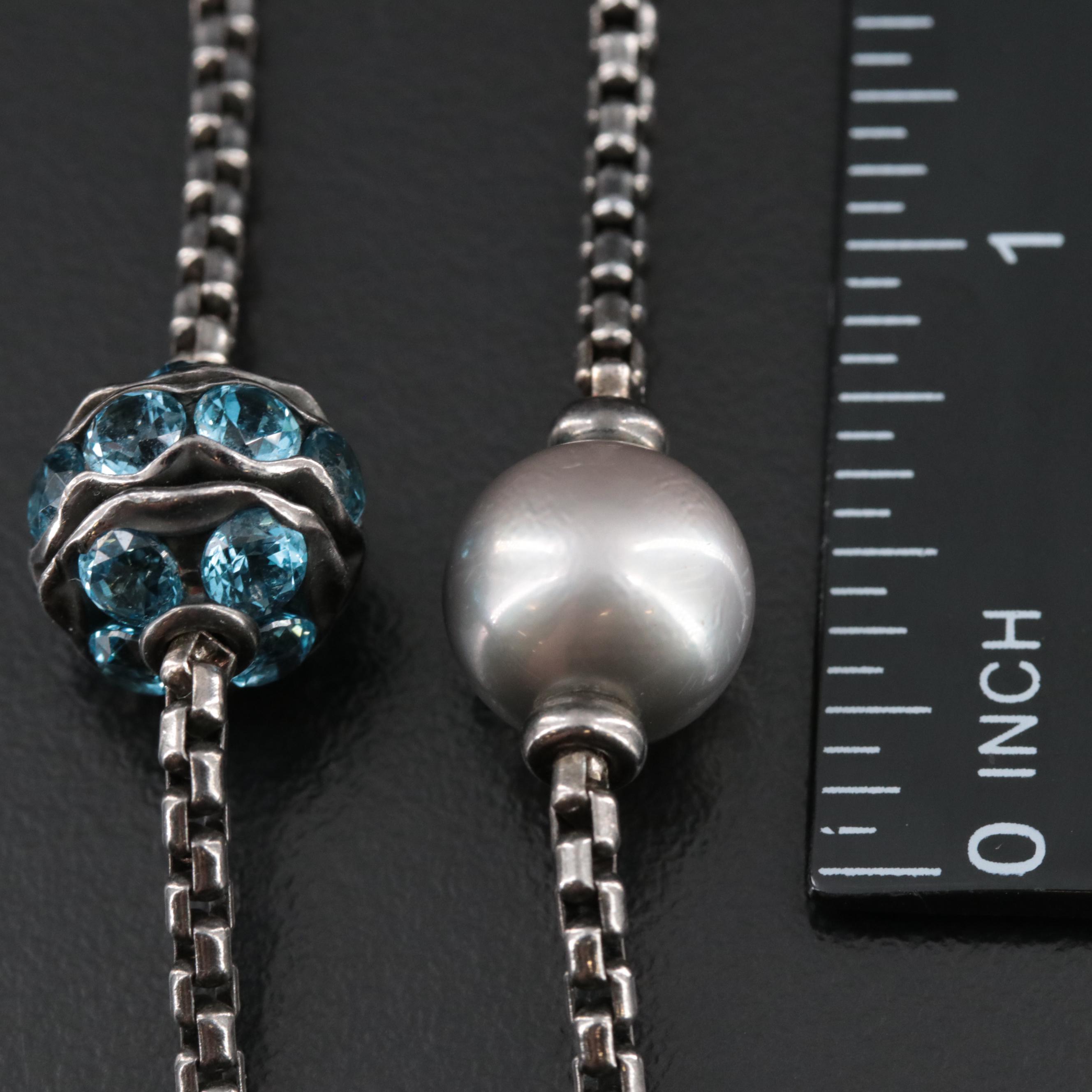 David Yurman Sterling Pearl and Blue Topaz Station Necklace