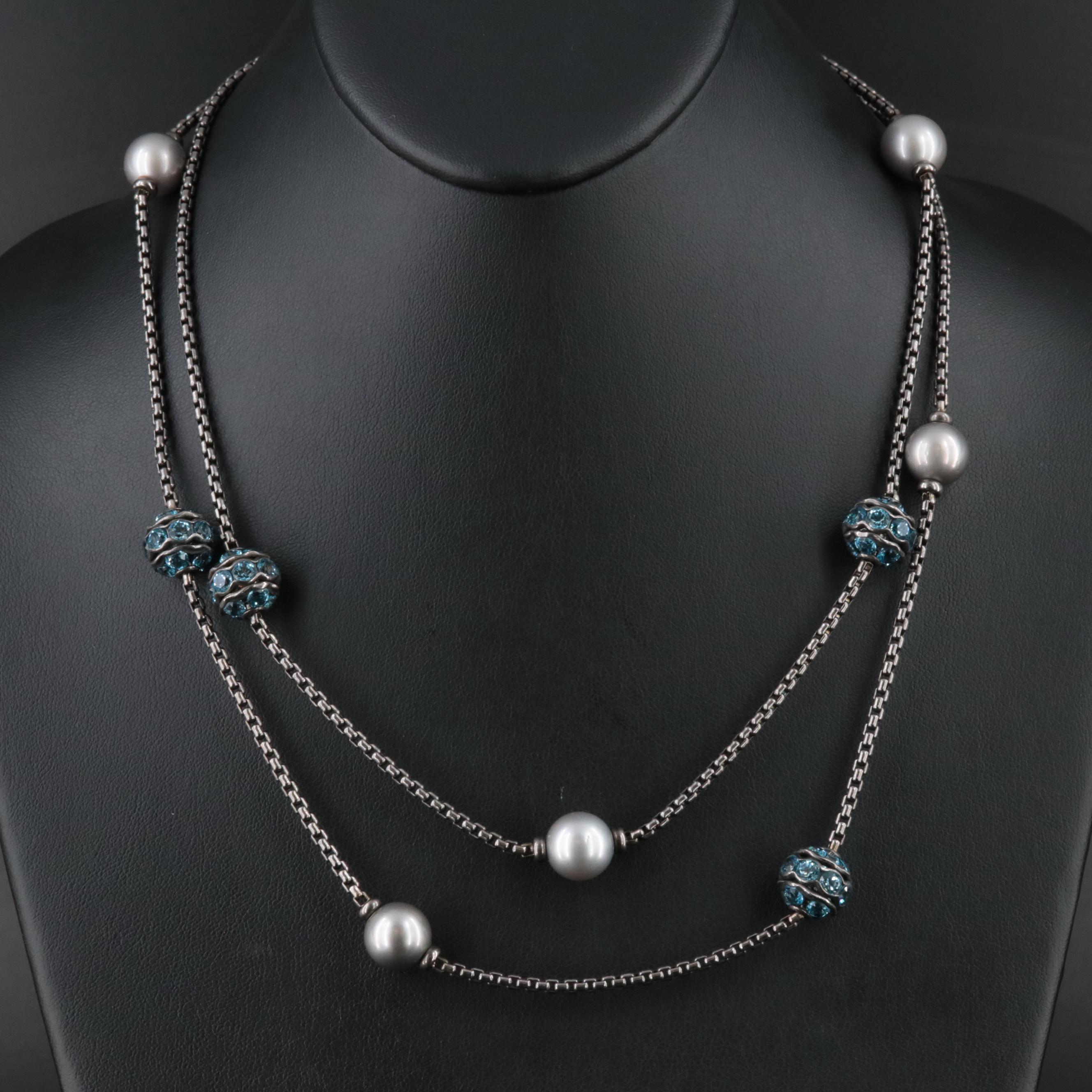 David Yurman Sterling Pearl and Blue Topaz Station Necklace