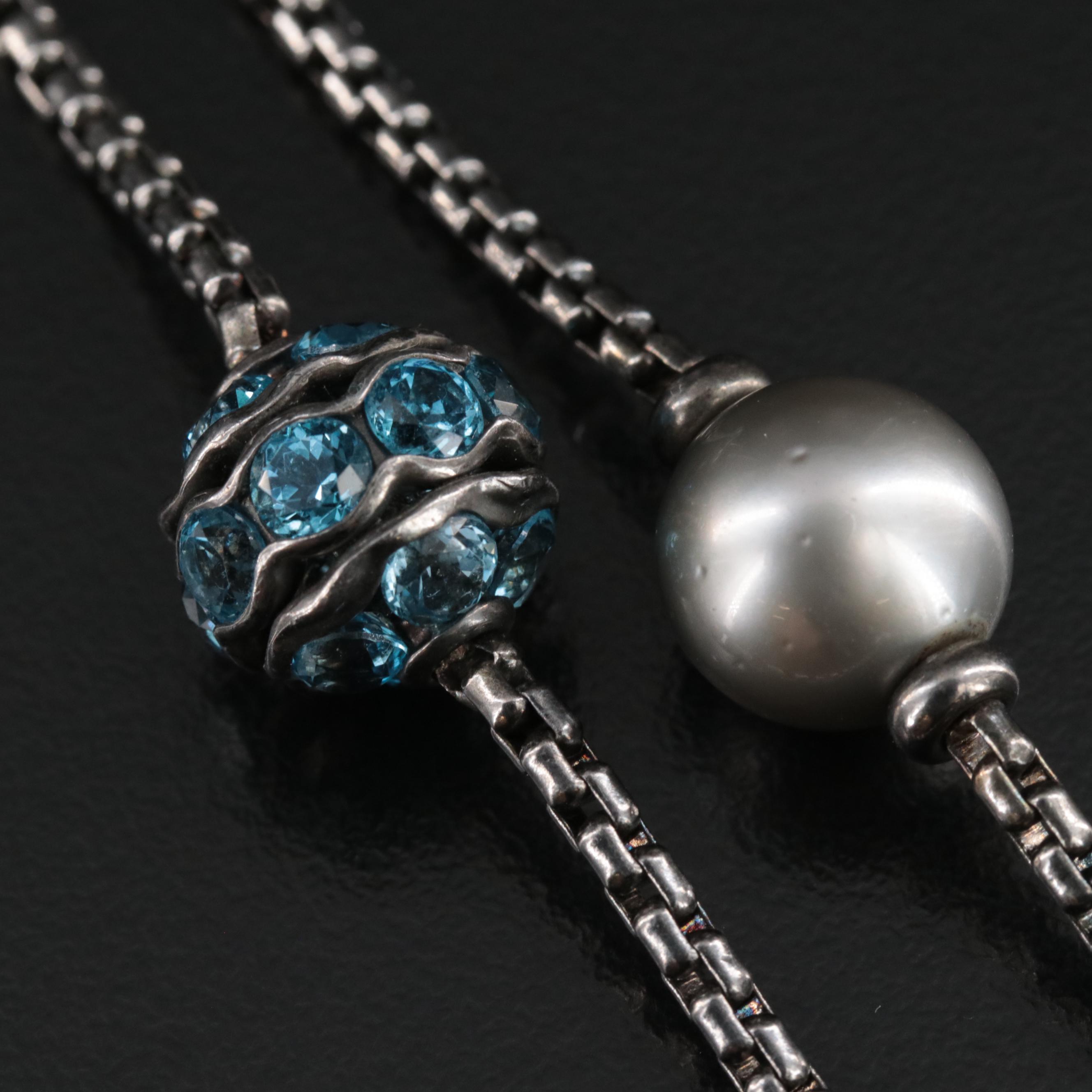 David Yurman Sterling Pearl and Blue Topaz Station Necklace