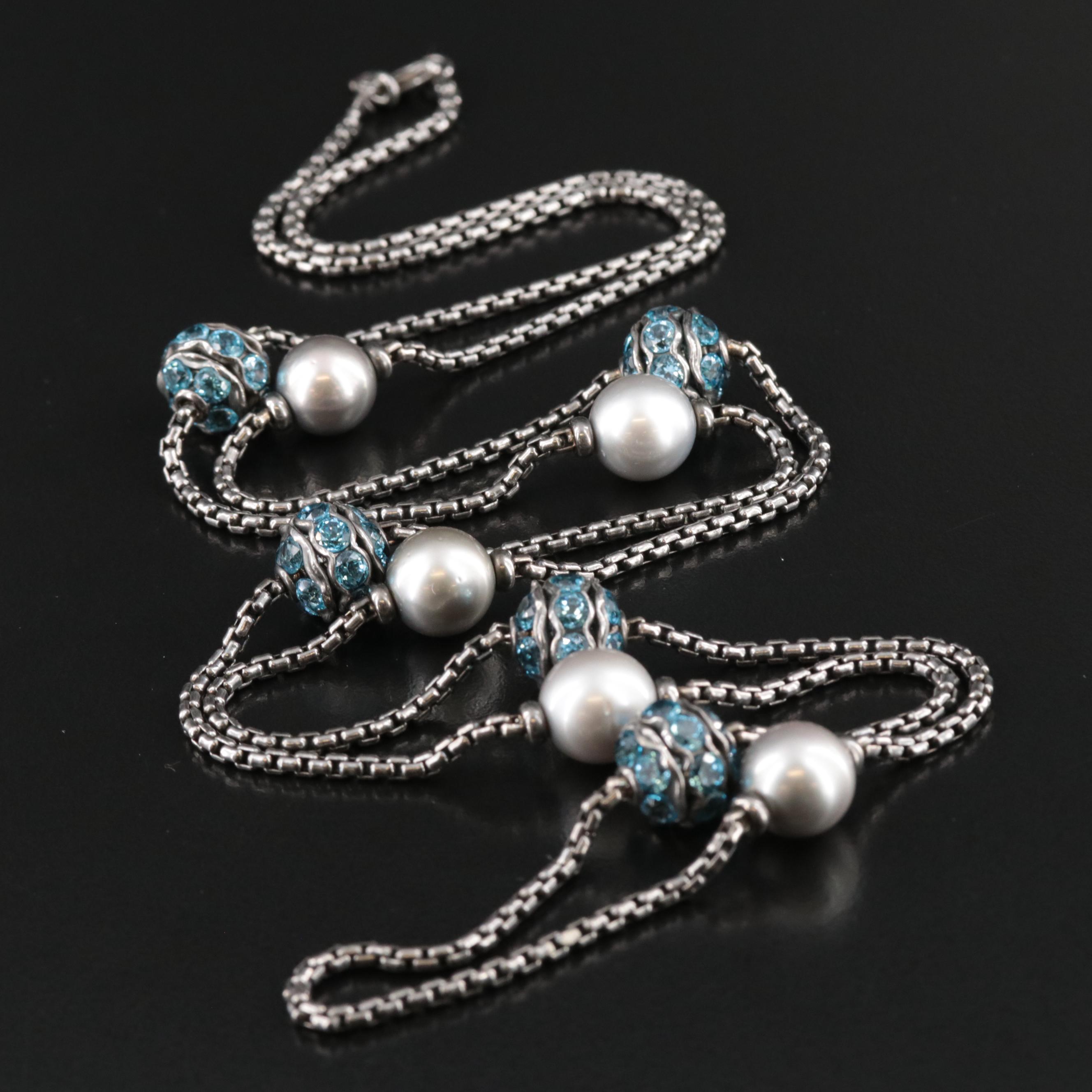 David Yurman Sterling Pearl and Blue Topaz Station Necklace