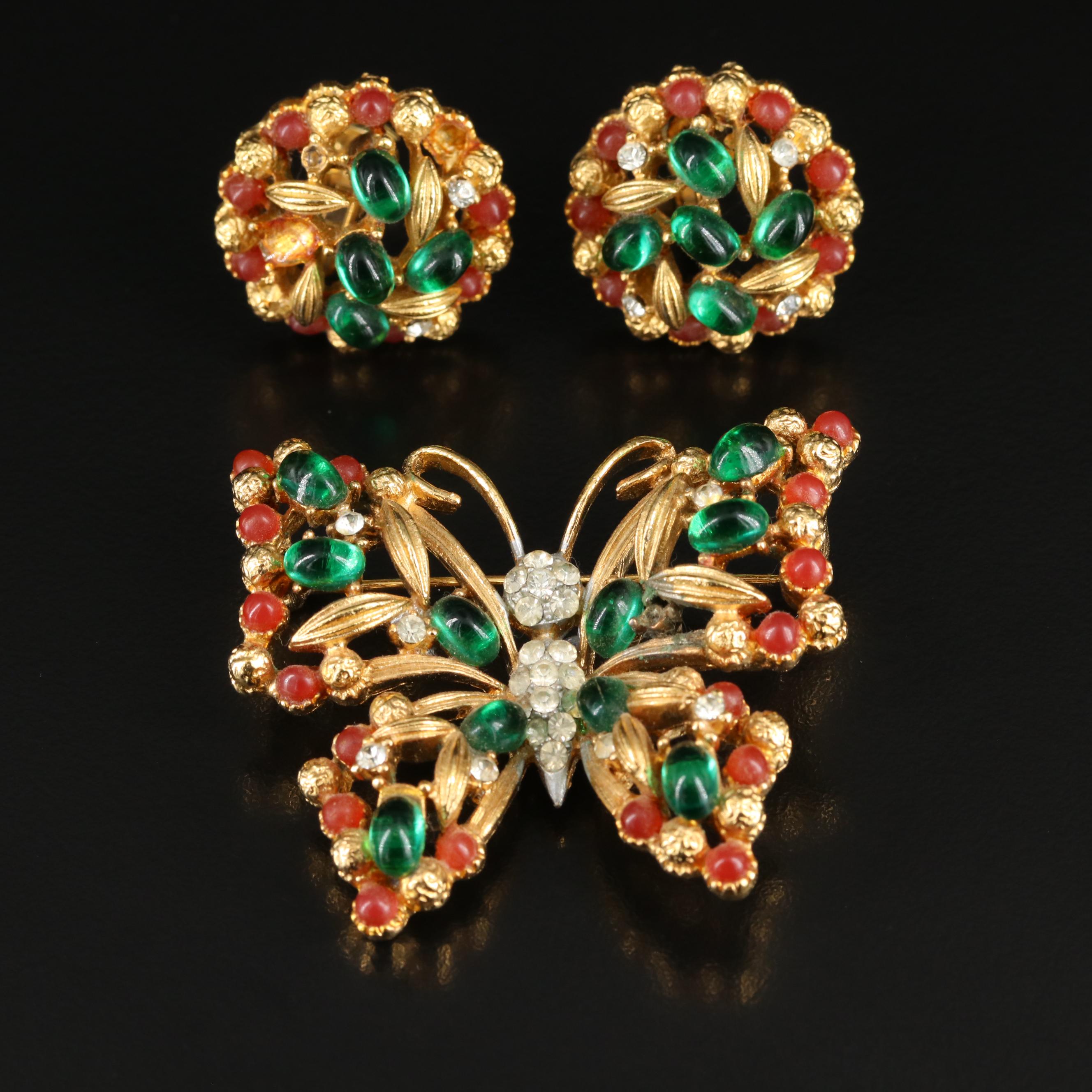 Vintage Glass Cabochon and Rhinestone Butterfly Pin and Earring Set