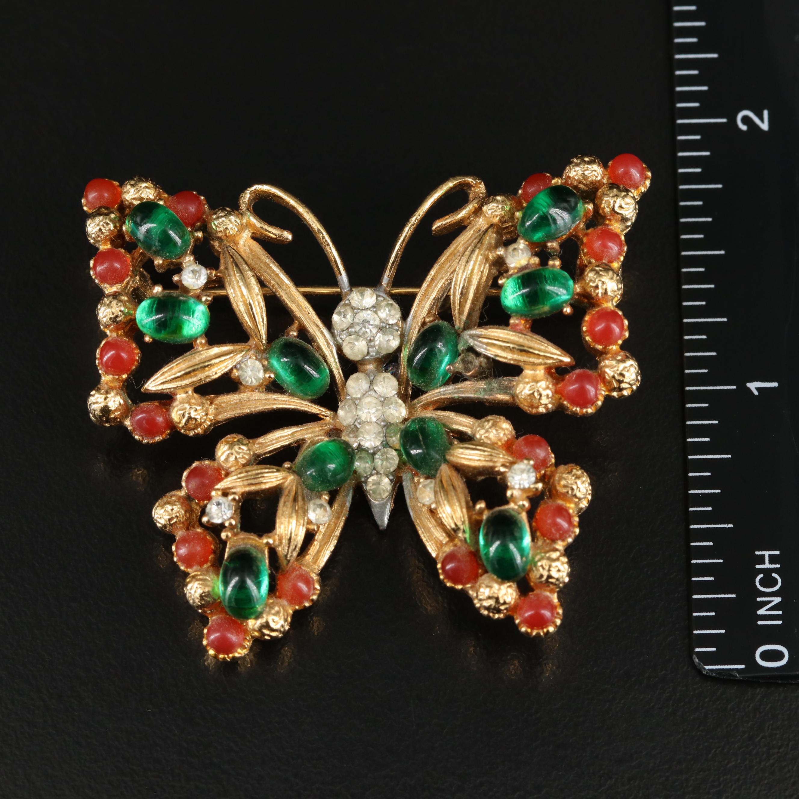 Vintage Glass Cabochon and Rhinestone Butterfly Pin and Earring Set