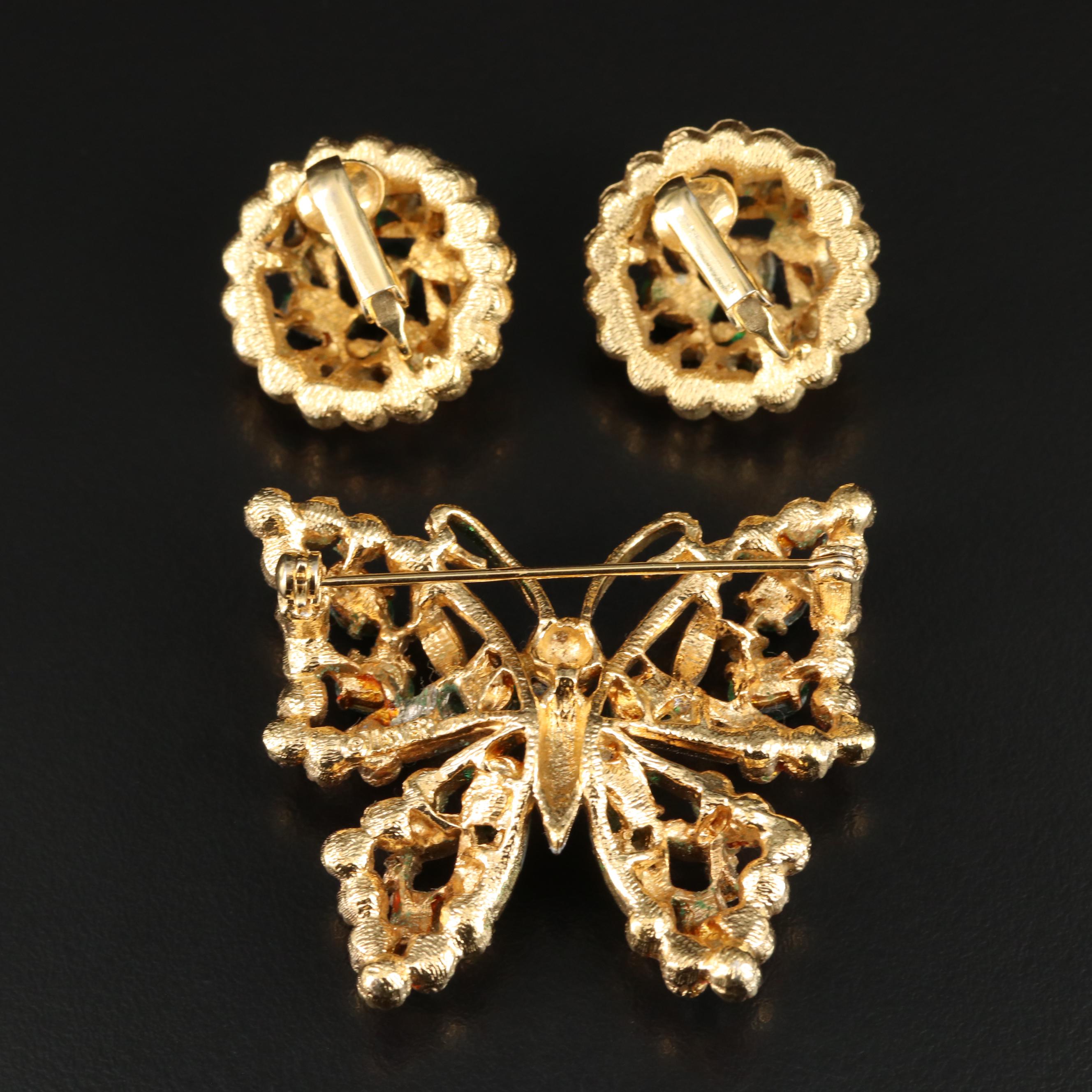 Vintage Glass Cabochon and Rhinestone Butterfly Pin and Earring Set