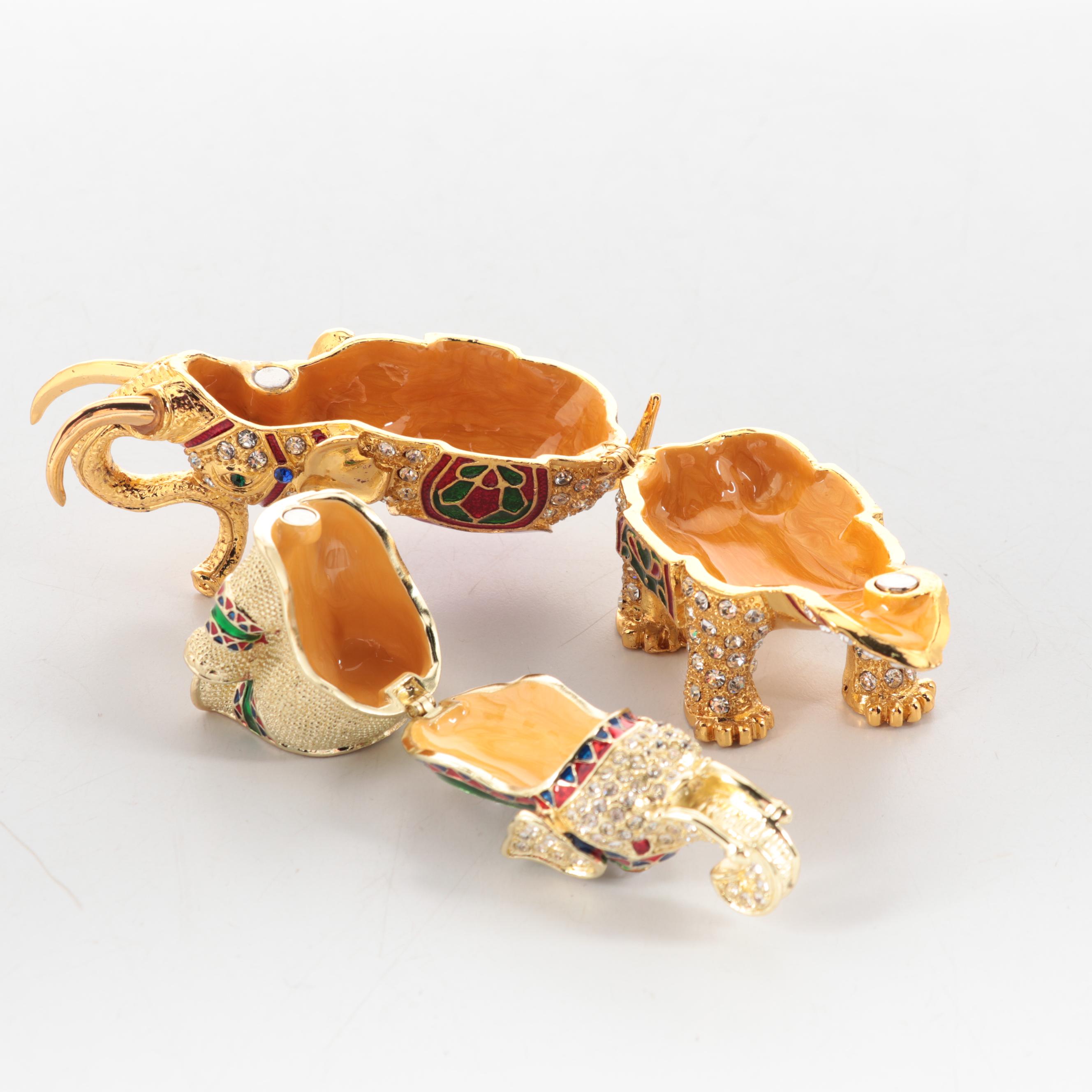 Enameled and Jeweled Metal Elephant-Shaped Boxes