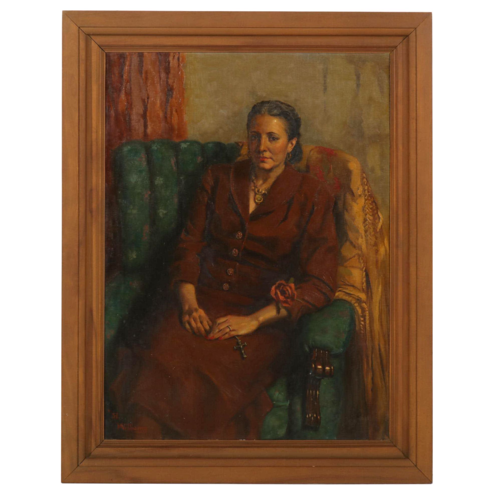 American School Portrait Oil Painting of Sitting Woman, 1951
