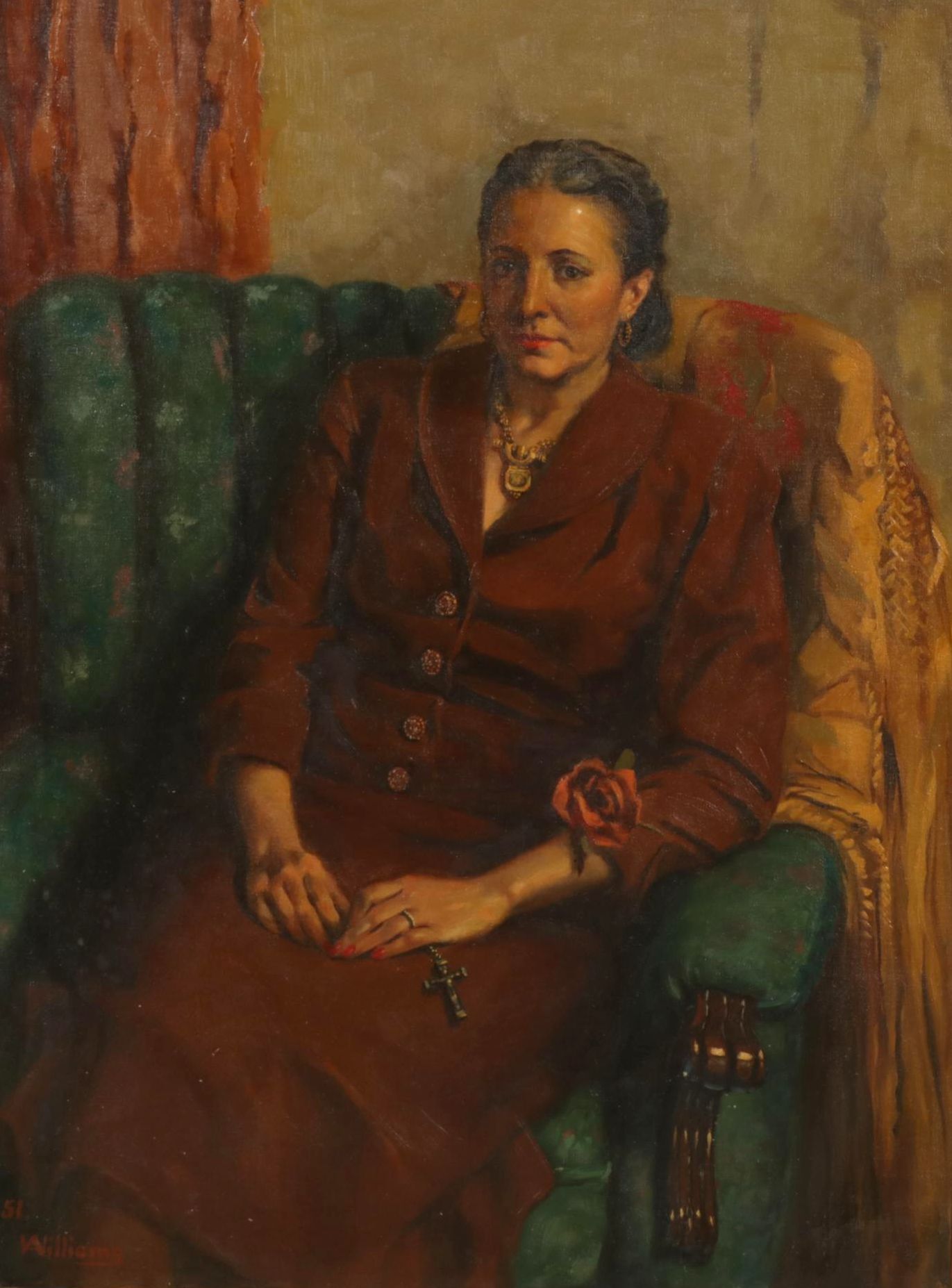 American School Portrait Oil Painting of Sitting Woman, 1951