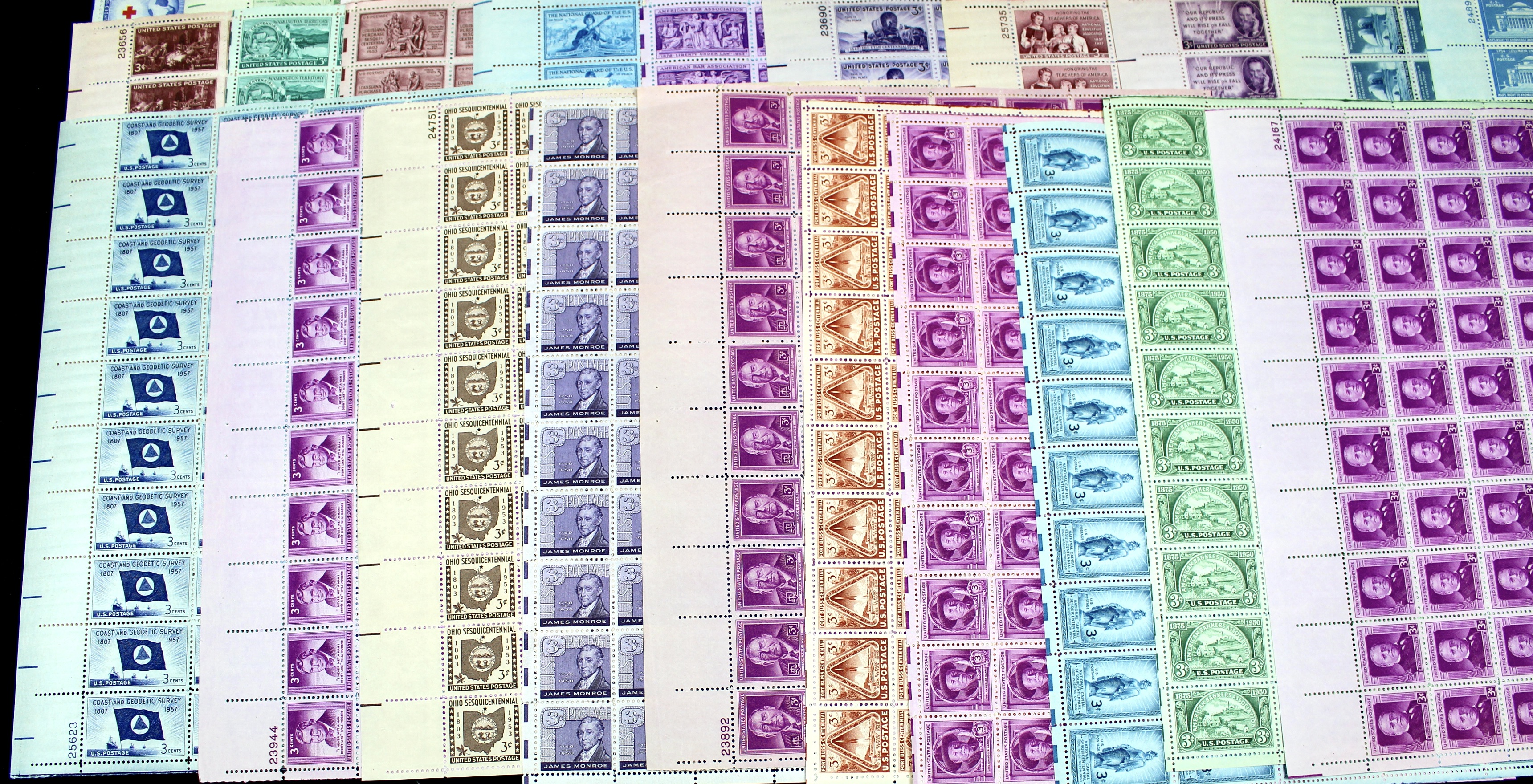 Sixty-Five Different U.S. 3-Cent Postage Stamp Sheets, 1940s-1950s